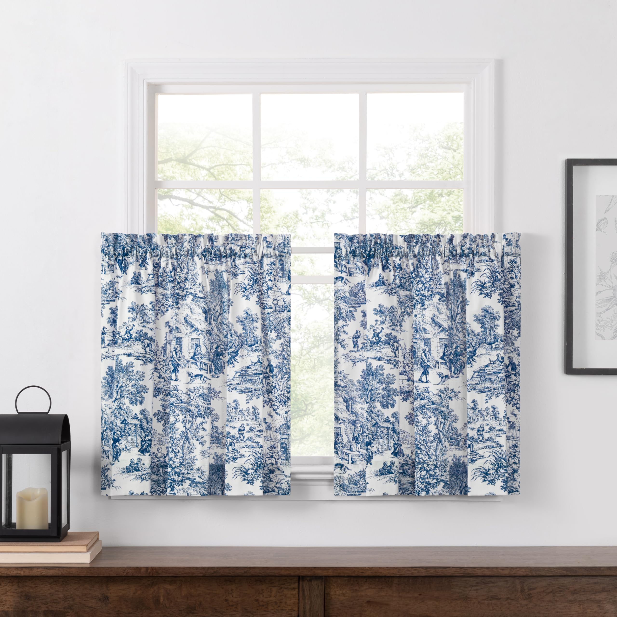 Victoria Park Toile 68-Inch-by-36 Inch Tailored Tier Curtains, Blue