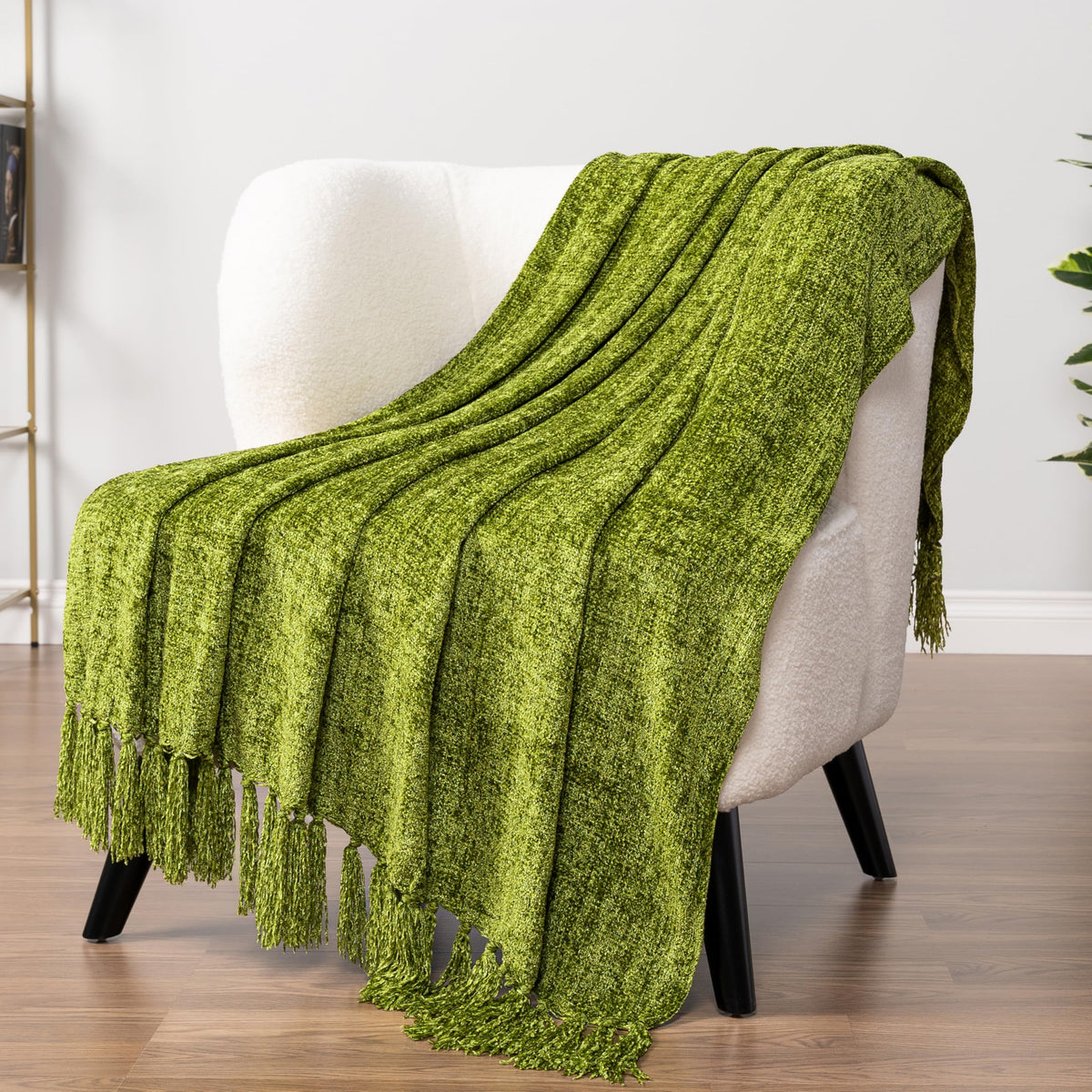 Pavilia Olive Green Throw Blanket For Couch, Chenille Blanket For Sofa Bed, Soft Knit Woven Blanket With Tassel, Decorative Blan