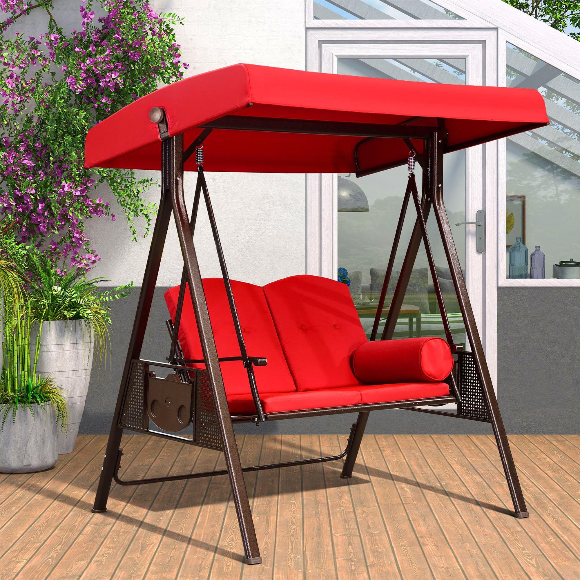 Purple Leaf 2-Seat Deluxe Outdoor Patio Porch Swing With Weather Resistant Steel Frame, Adjustable Tilt Canopy, Cushions And Pillow Included, Terra