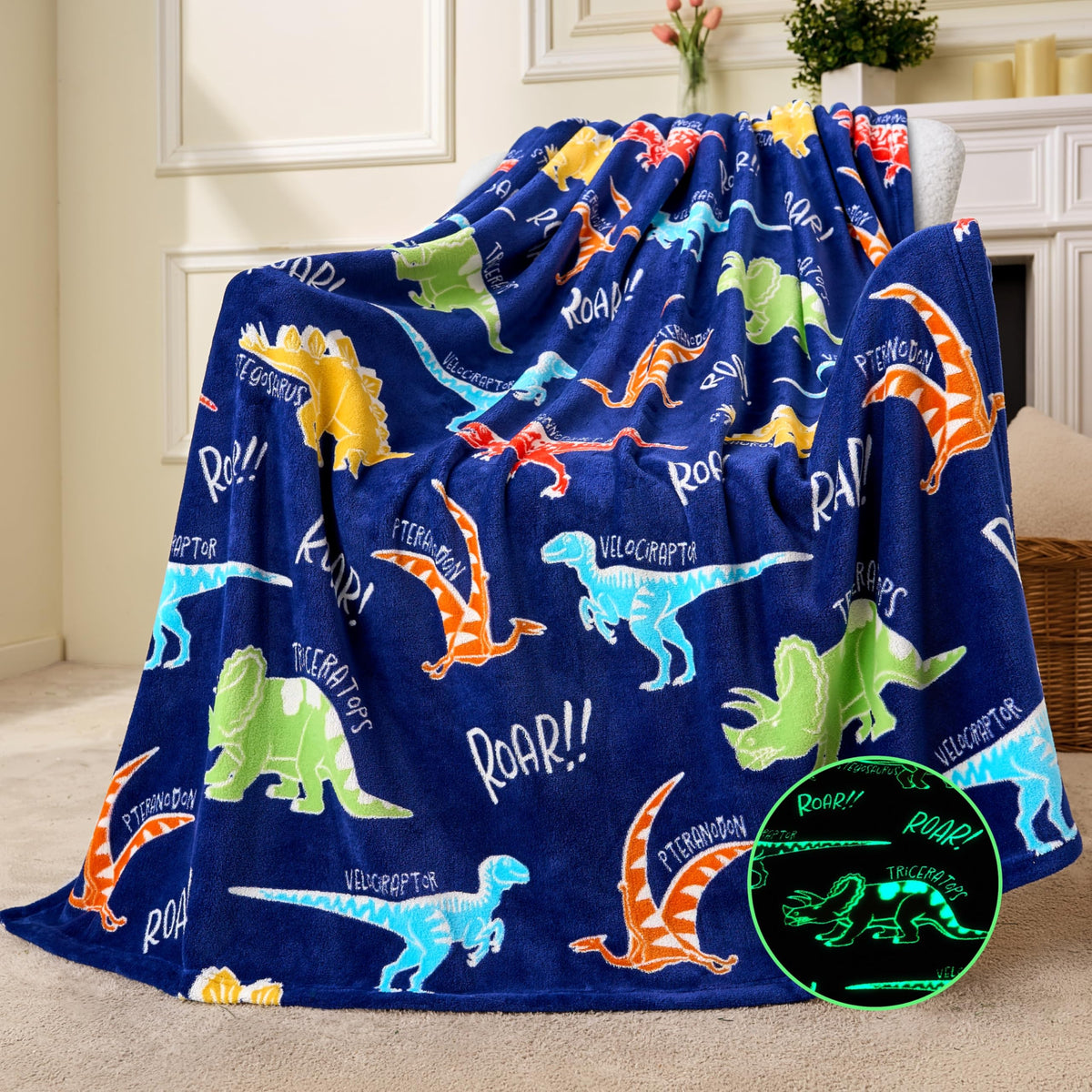 Joiedomi Glow In The Dark Blanket - Dinosaur Gift For Girls Boys Age 2 3 4 5 6 7 8 9 10 11 12 Year Old - Soft Cozy Flannel Kids