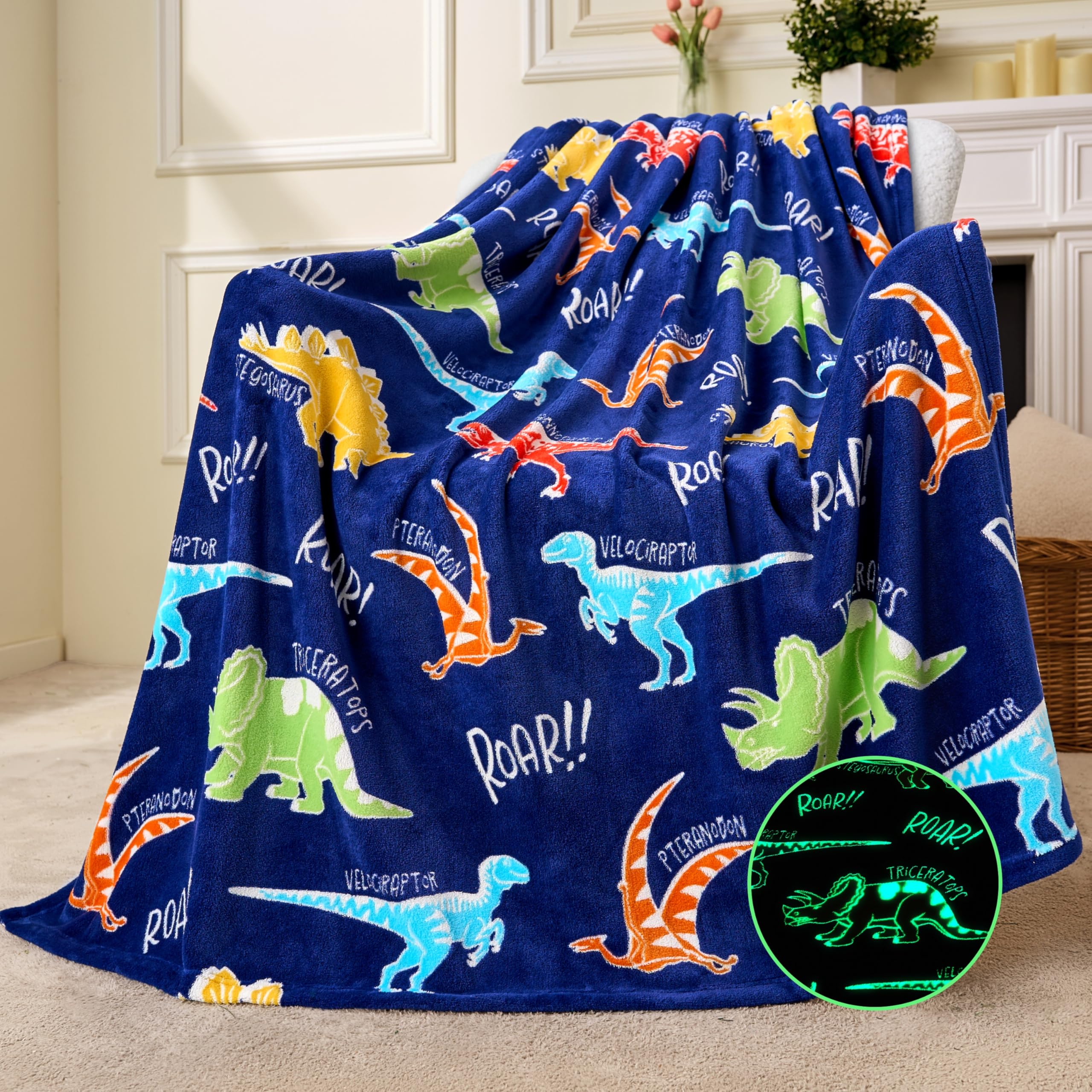 Joiedomi Glow In The Dark Blanket - Dinosaur Gift For Girls Boys Age 2 3 4 5 6 7 8 9 10 11 12 Year Old - Soft Cozy Flannel Kids