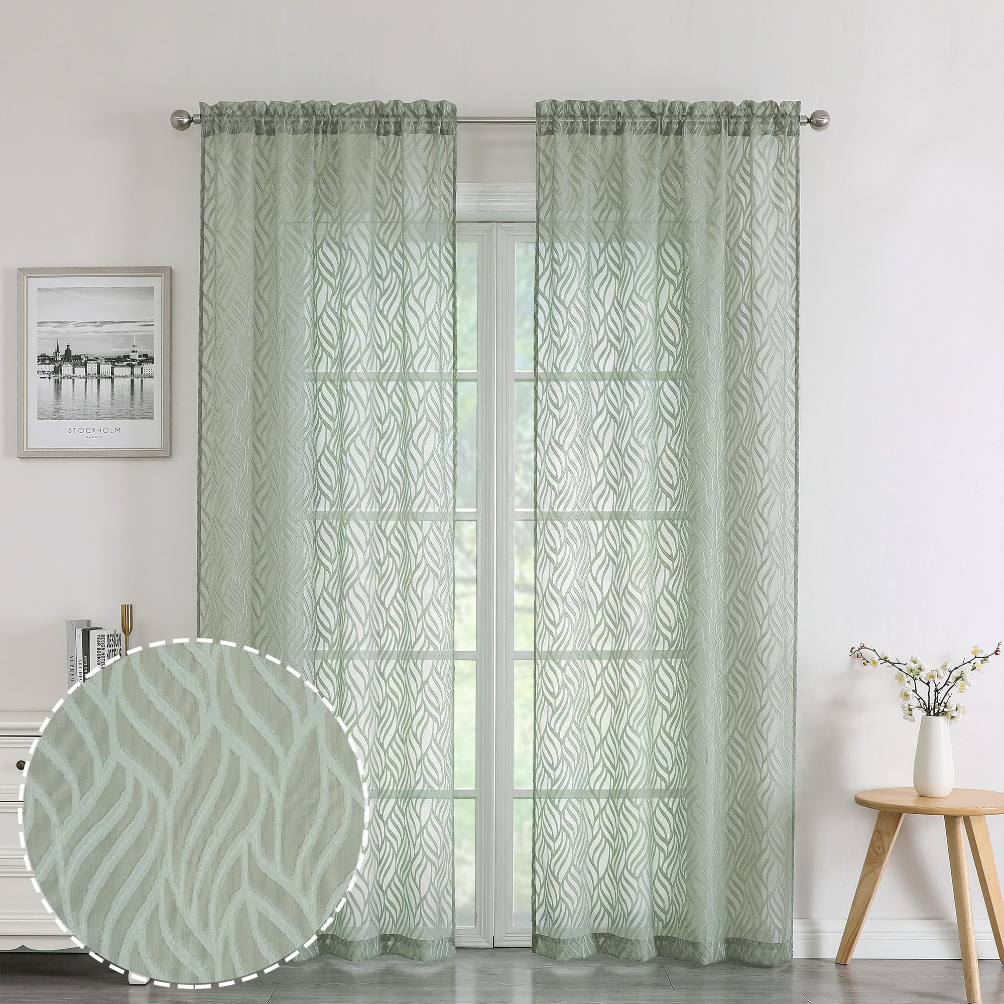 Chyhomenyc Marilyn Sage Green Sheer Curtains 96 Inch Length 2 Panels, Light Filtering Soft 3D Leaf Clip Jacquard Textured Sheer