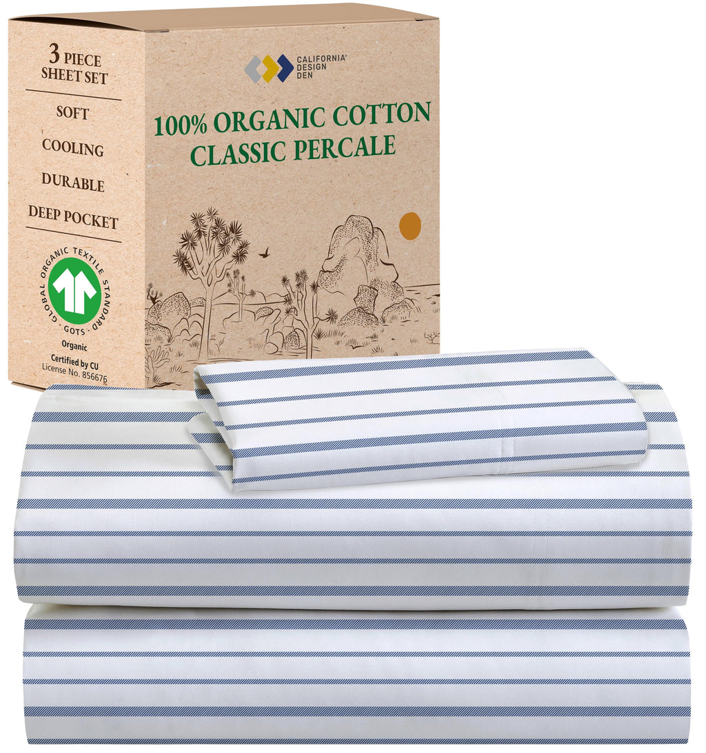 California Design Den Blue Stripe Sheets, 100% Organic Cotton Percale Sheets, Deep Pocket Twin Xl Sheets & Pillowcase Set - Blue Stripe