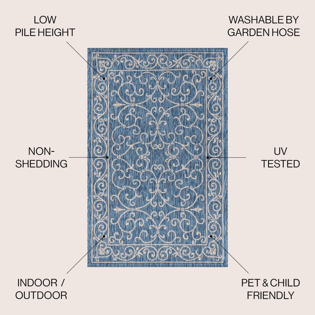 Jonathan Y Smb106D-5R Charleston Vintage Filigree Textured Weave Indoor Outdoor Area-Rug Classic Coastal Easy-Cleaning Bedroom Kitchen Backyard Patio Non Shedding, 5' Round, Navy/Gray