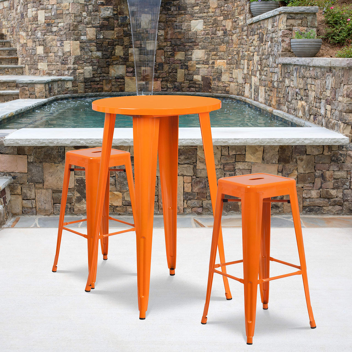 Flash Furniture Commercial Grade 24&quot; Round Orange Metal Indoor-Outdoor Bar Table Set with 2 Square Seat Backless Stools