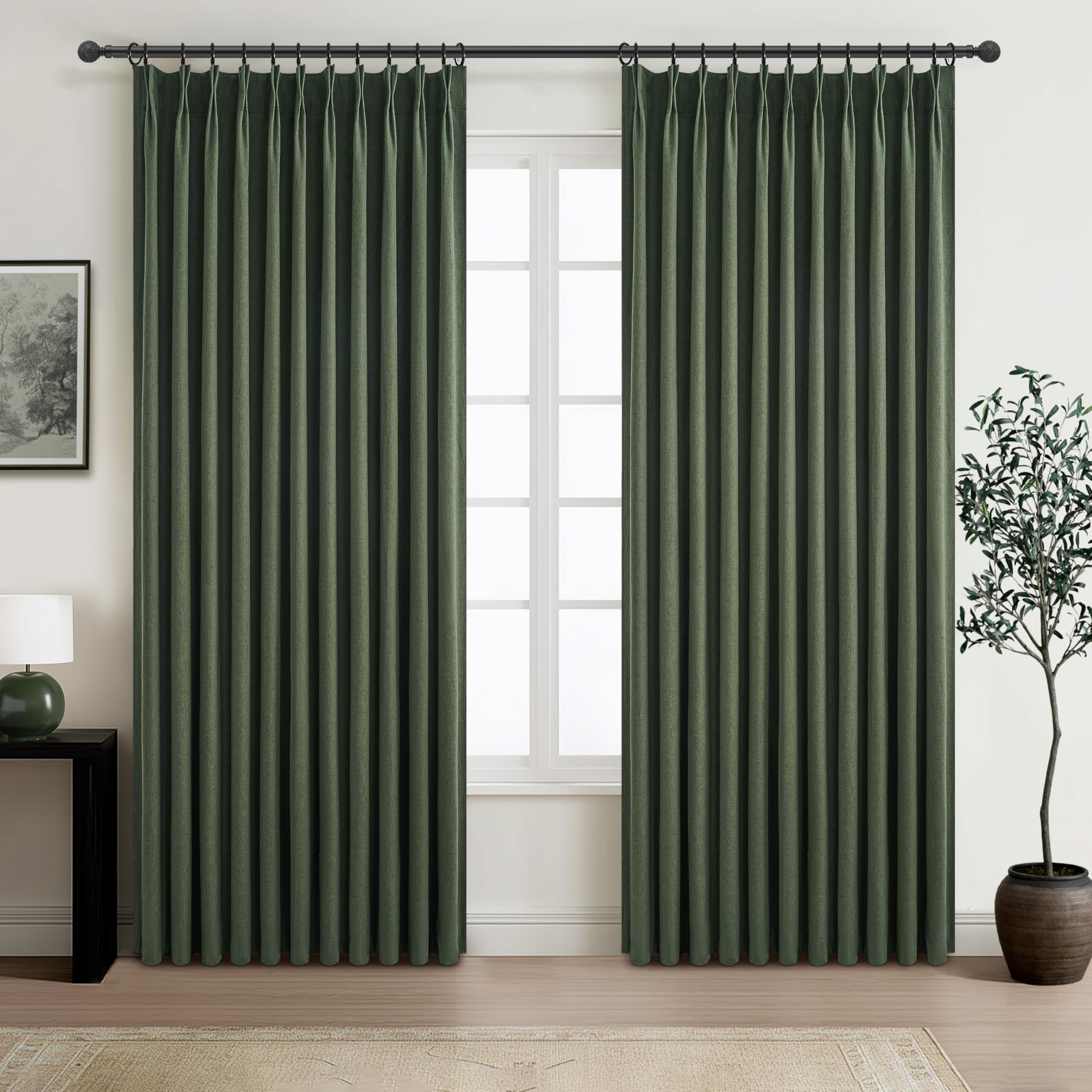 Pinch Pleated Blackout Curtains 70 Inches Extra Wide for Living Room, Sliding Glass Door Linen Blend Olive Green Viral Large Win