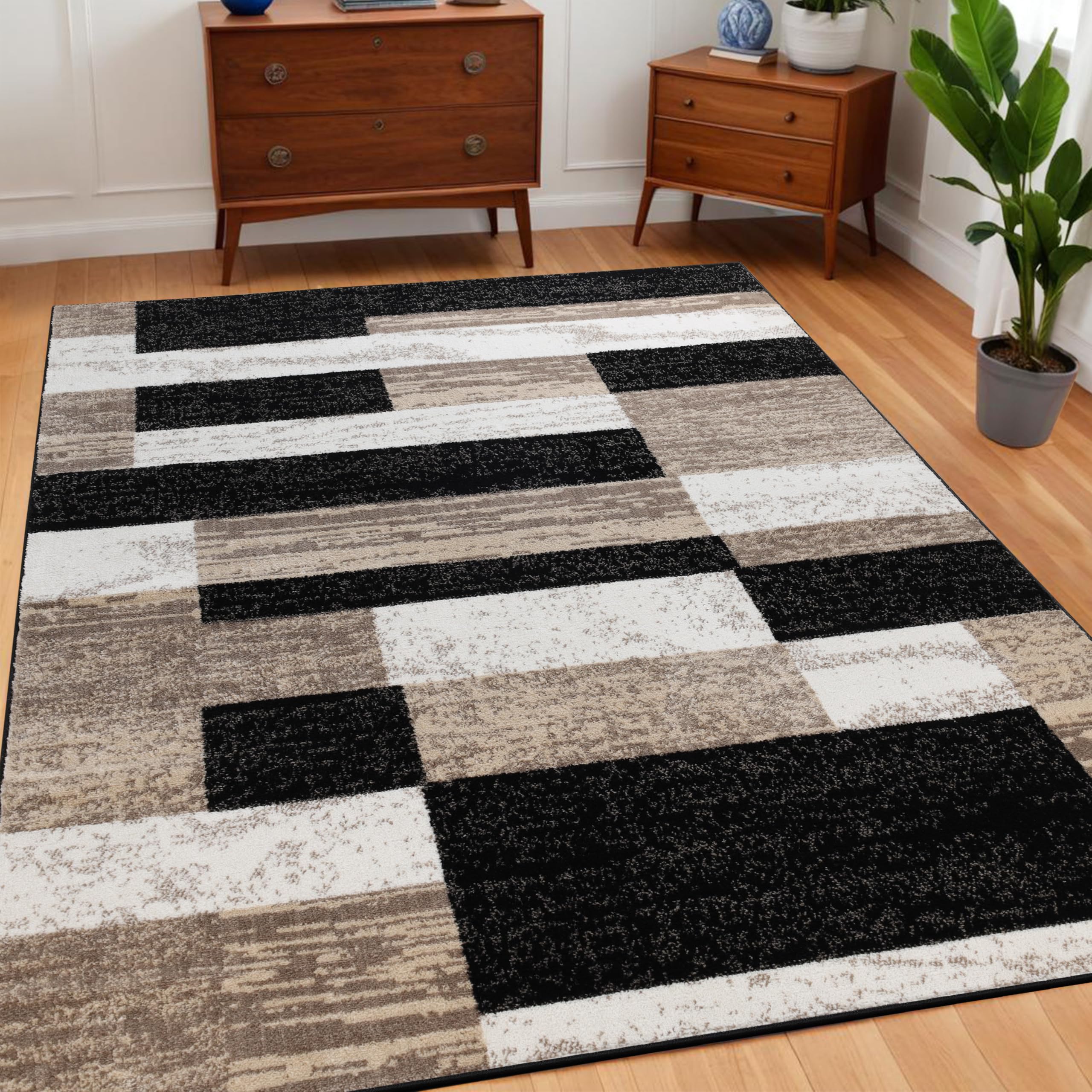 Superior Indoor Area Rug, Jute Backed, Modern Geometric Patchwork Floor Decor for Bedroom, Office, Living Room, Entryway, Kitche