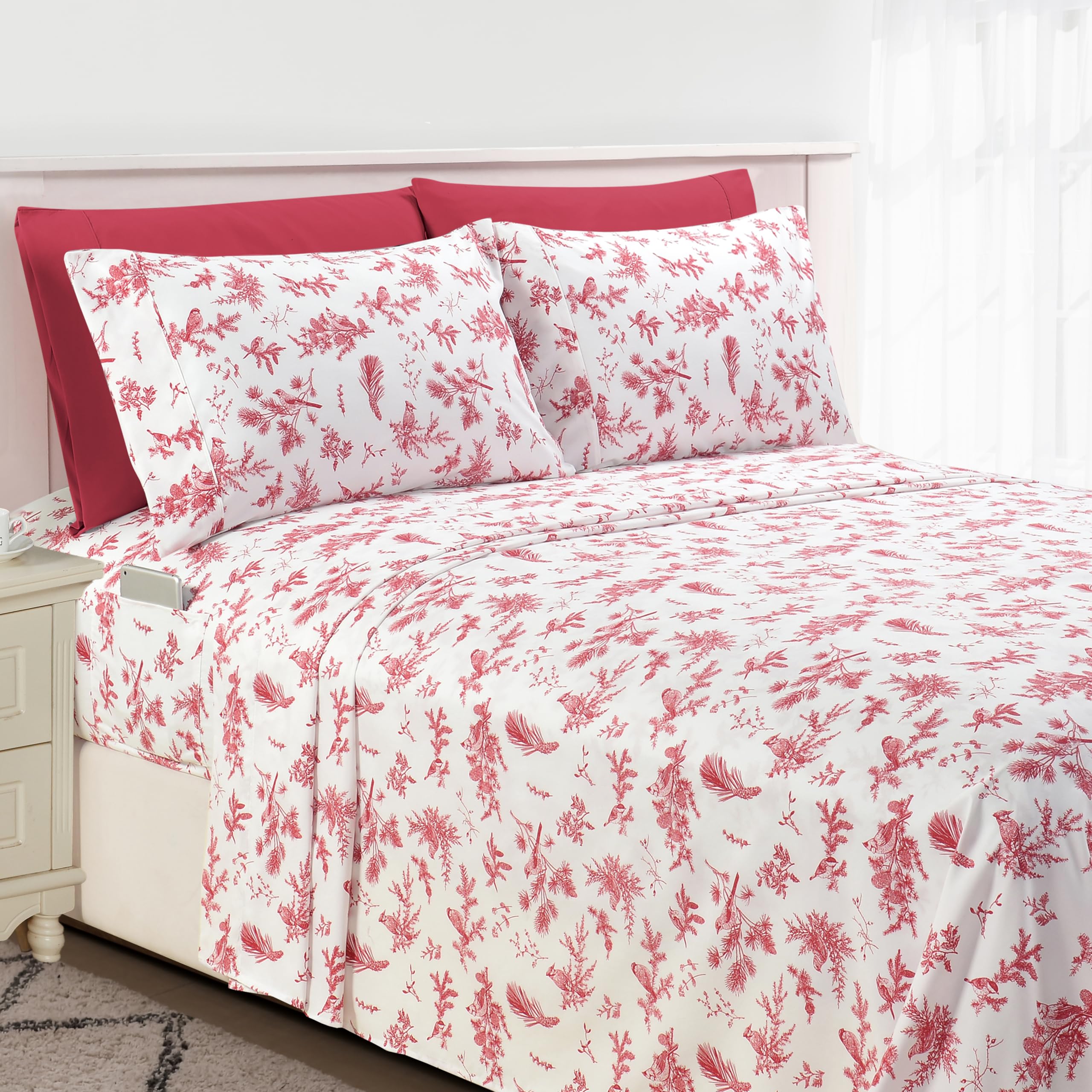 Elegant Comfort Luxury Soft Bed Sheets Cardinal Pattern - 1500 Premium Hotel Quality Microfiber Softness Wrinkle And Fade Resistant (6-Piece) Bedding Set, King, Cardinal