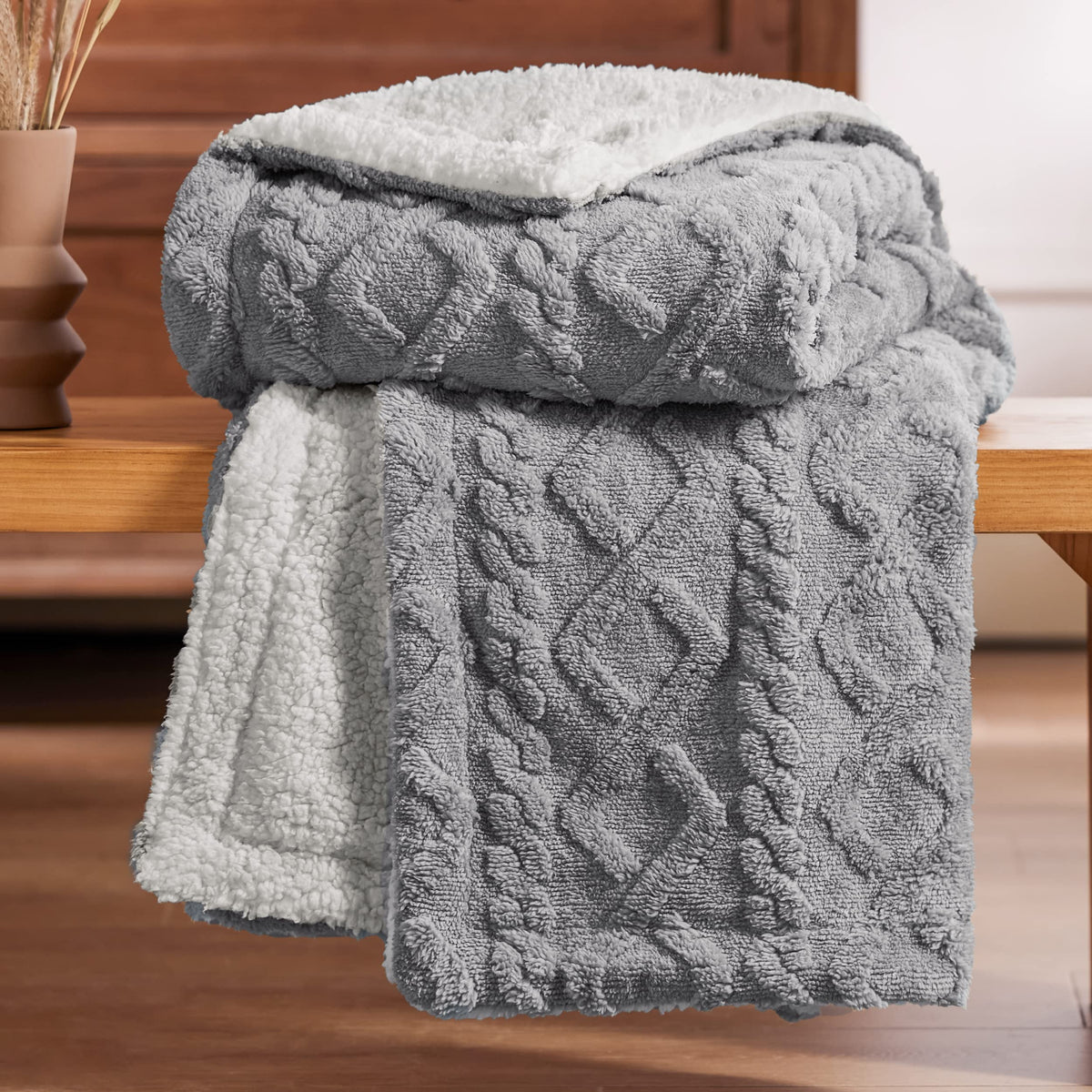 Bedsure Sherpa Throw Blanket For Couch Sofa - Fuzzy Soft Cozy Blanket For Bed, Fleece Thick Warm Blanket For Winter, Grey, 50X60