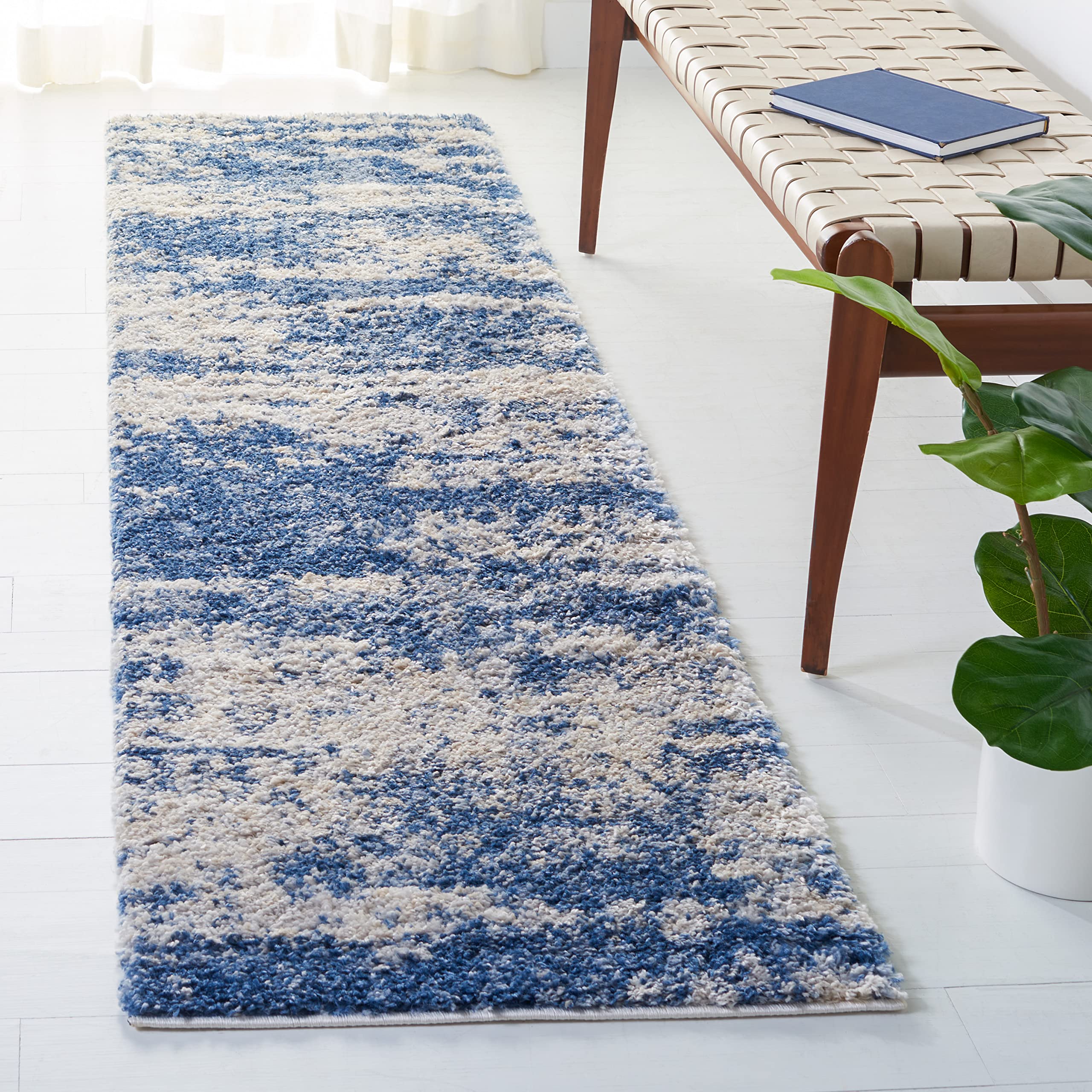 SAFAVIEH Berber Shag Collection Area Rug - 2 x 16 Runner, Beige/Blue, Geometric Design, Ideal for High Traffic Areas in Living
