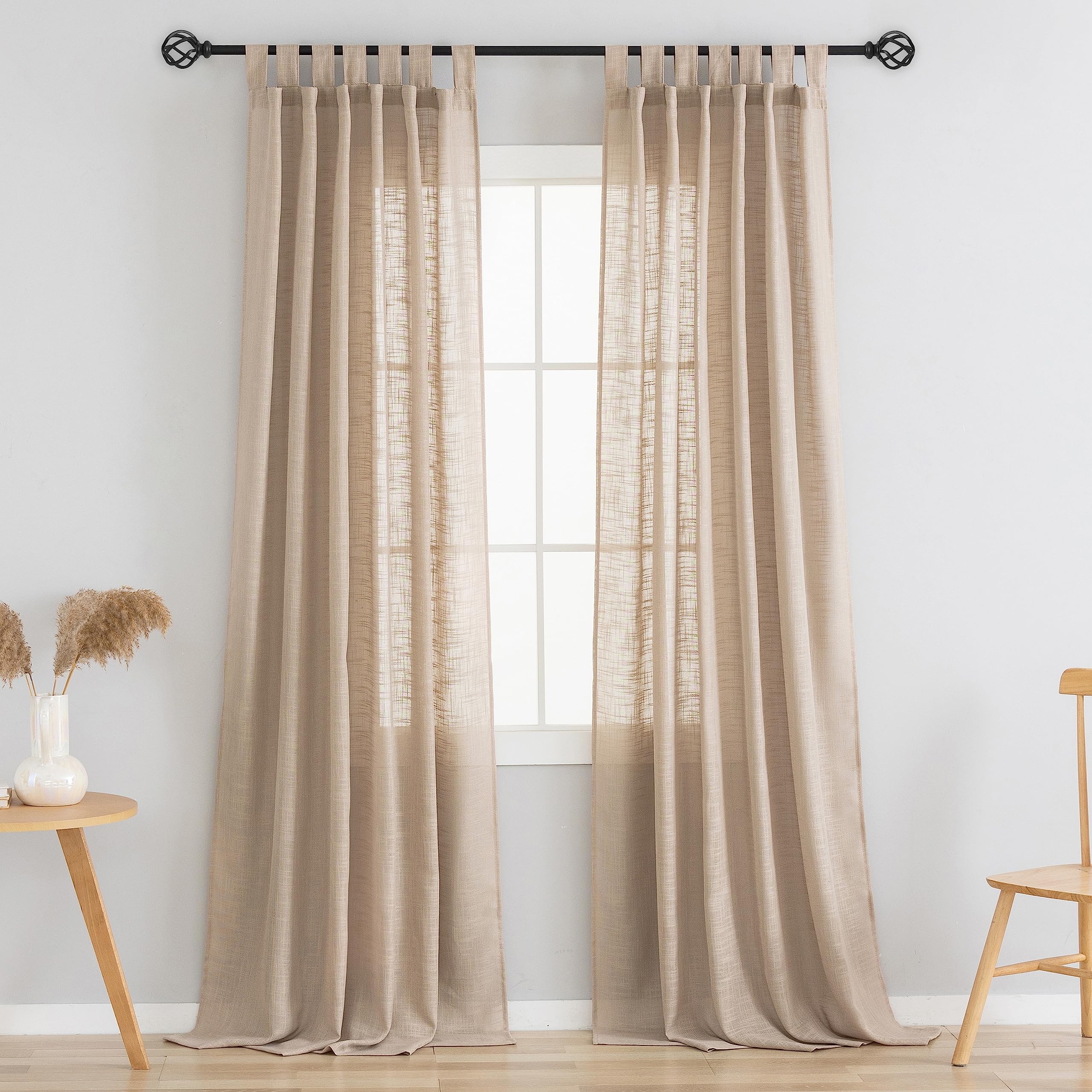Voilybird Linen Semi Sheer Curtains Tab Top Light Filtering Elegant Curtains & Drapes For Bedroom (Tan, W52 X L63, 2 Panels)