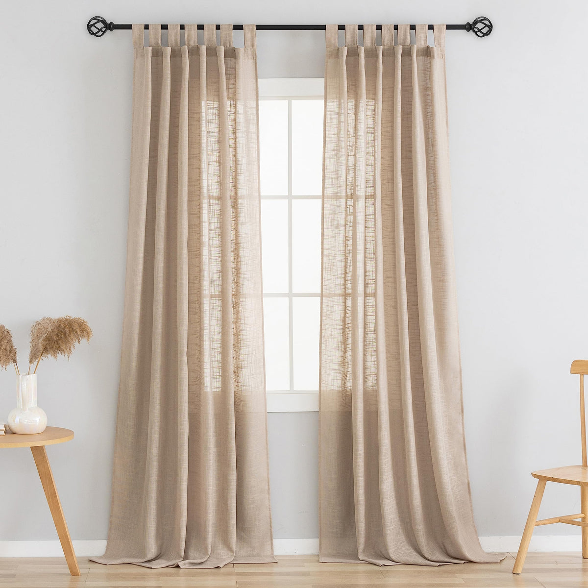 Voilybird Linen Semi Sheer Curtains Tab Top Light Filtering Elegant Curtains & Drapes For Living Room (Tan, W52 X L108, 2 Panels