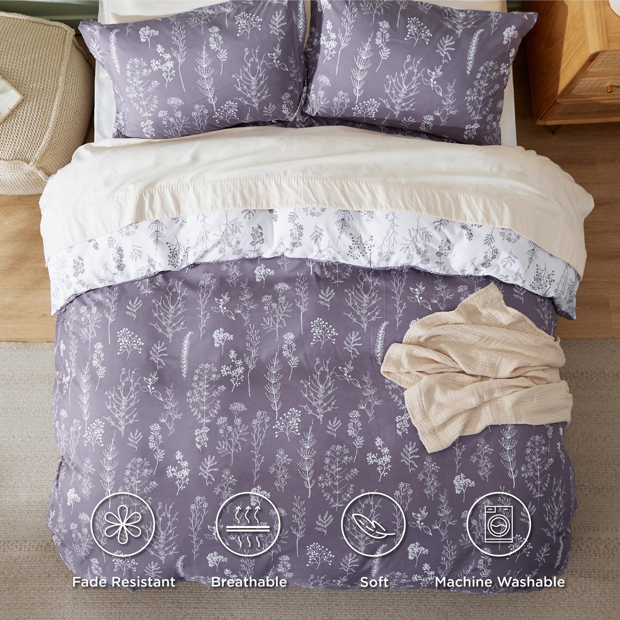 Bedsure Duvet Cover King Size - Reversible Grayish Purple Duvet Cover Set With Zipper Closure, Cute Floral Bedding Comforter Cover, 3 Pieces, 1 Duvet Cover 104'X90' And 2 Pillow Shams 20'X36'