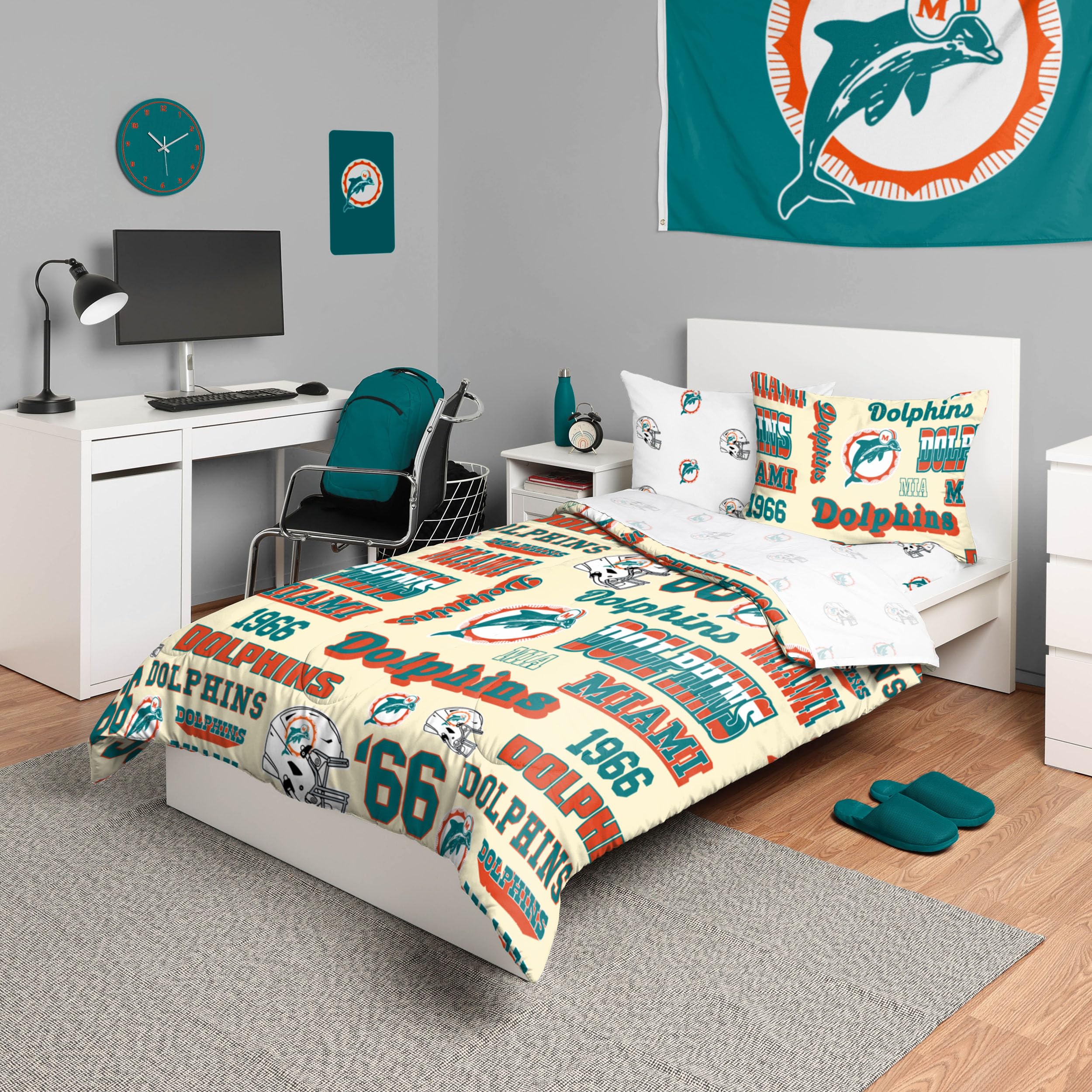 Foco Miami Dolphins Nfl Retro Bed In A Bag Comforter Bedding 5 Piece Full Set