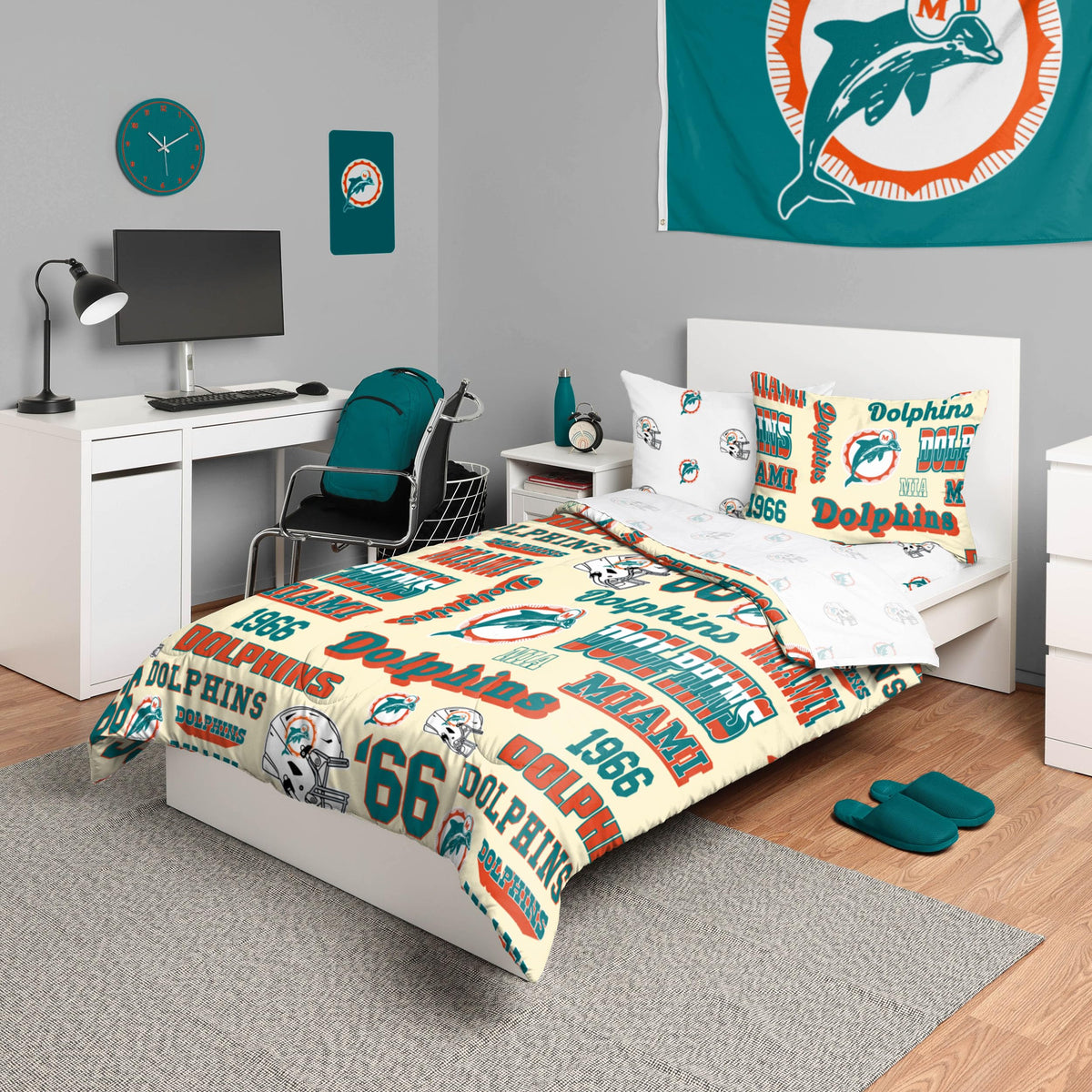 Foco Miami Dolphins Nfl Retro Bed In A Bag Comforter Bedding 5 Piece Twin Set