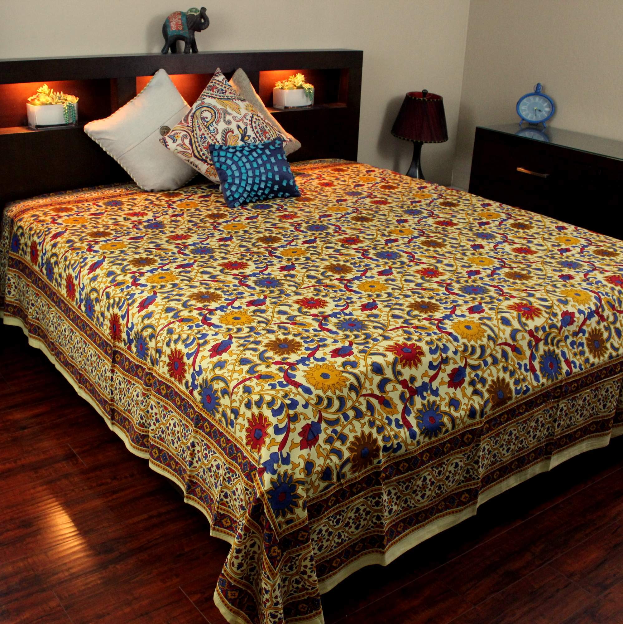 India Arts Bedspread Cotton Sunflower Print, Yellow, Approx 106 ' X 106 '