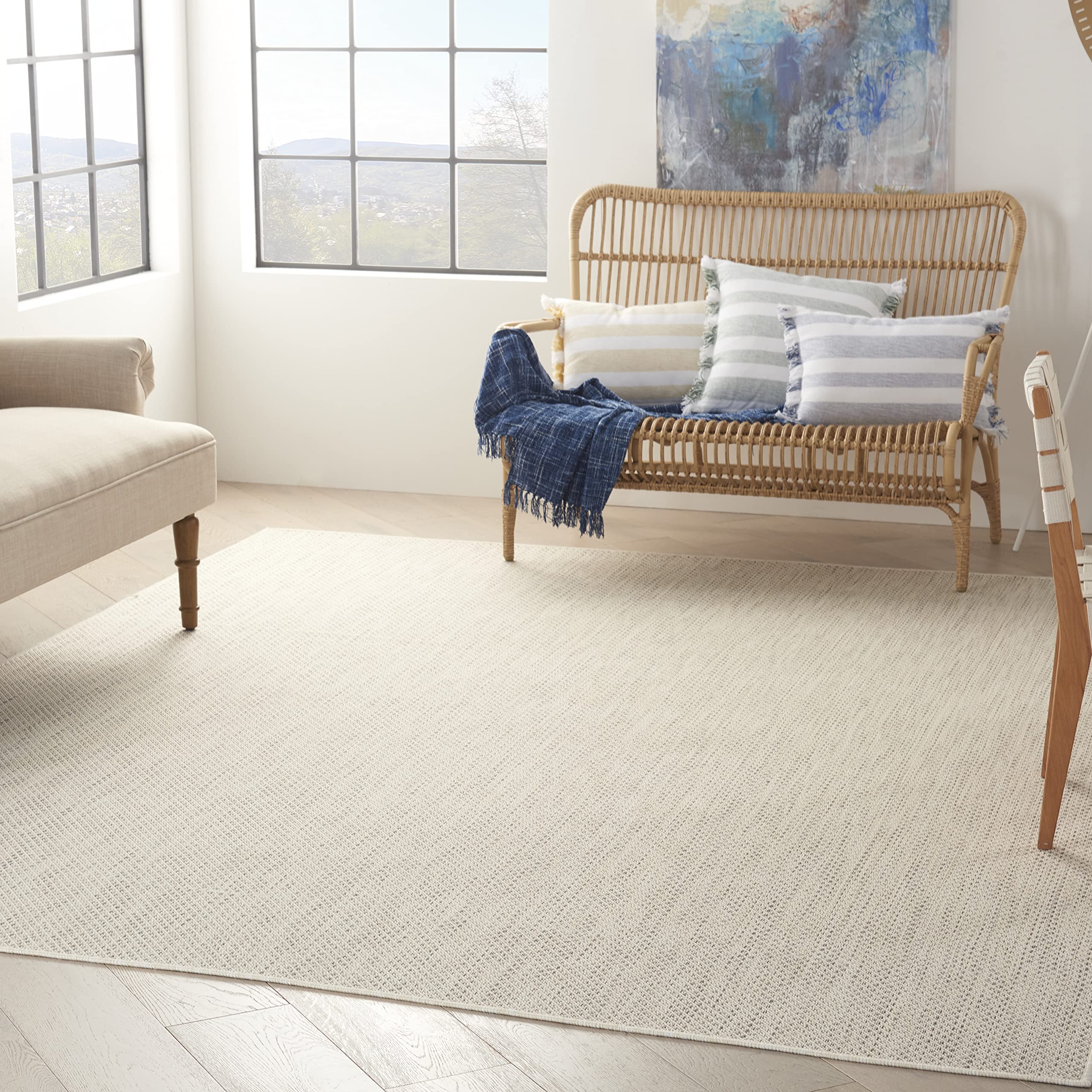 Nourison Courtyard Indoor/Outdoor Ivory/Silver 10' X 14' Area Rug, Easy Cleaning, Non Shedding, Bed Room, Living Room, Dining Ro
