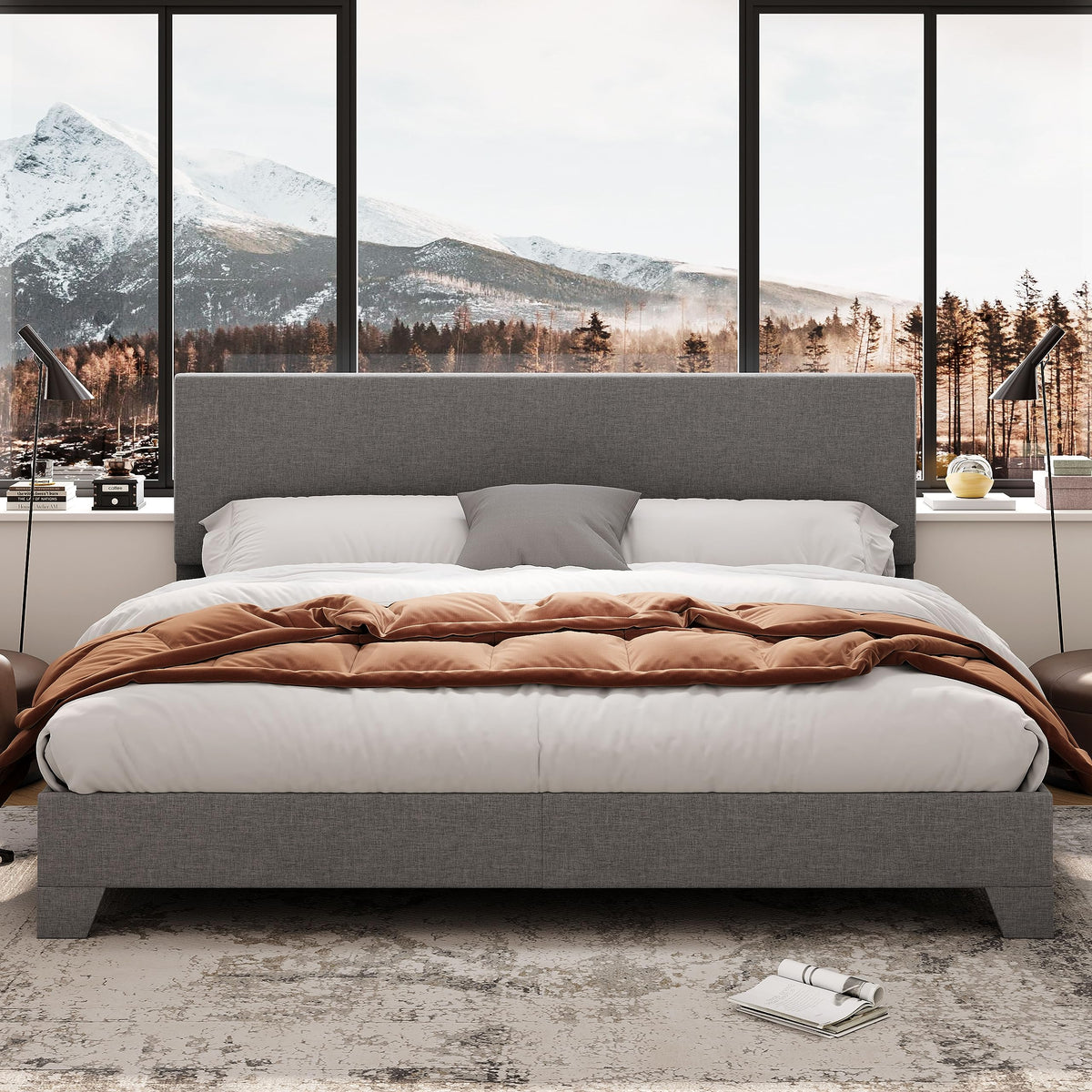 Allewie King Size Platform Bed Frame With Adjustable Upholstered Headboard, Strong Wood Slats, Heavy Duty Mattress Foundation, No Box Spring Needed, Noise-Free, Easy Assembly, Light Grey