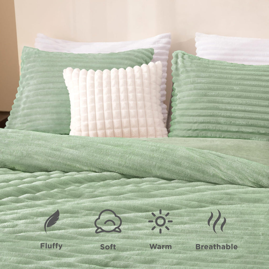 Andency Fleece Queen Comforter Set, 3 Pieces Sage Green Comforter Set For Queen Size Bed, Soft Warm Fluffy Fuzzy Bedding Set For