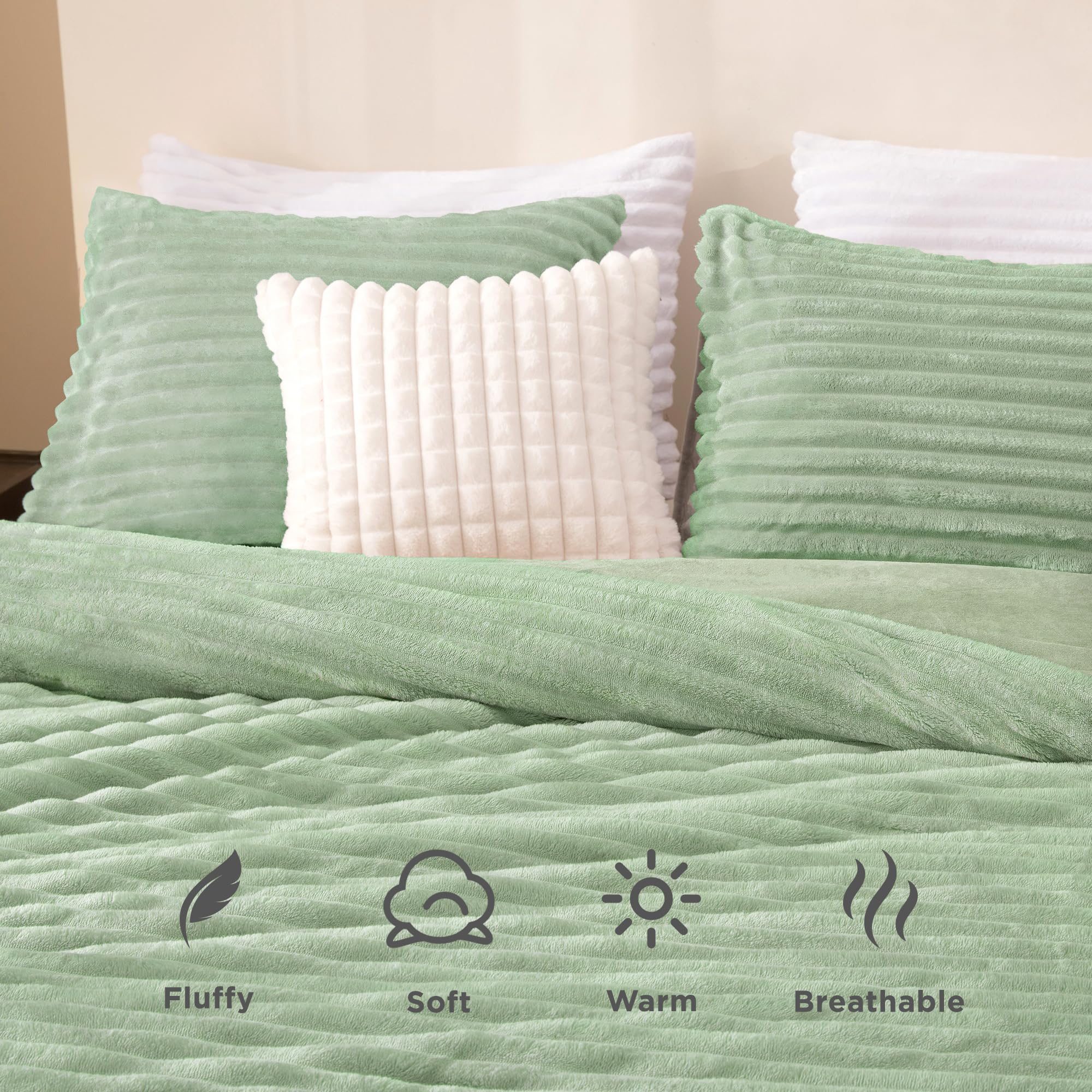Andency Fleece Queen Comforter Set, 3 Pieces Sage Green Comforter Set For Queen Size Bed, Soft Warm Fluffy Fuzzy Bedding Set For