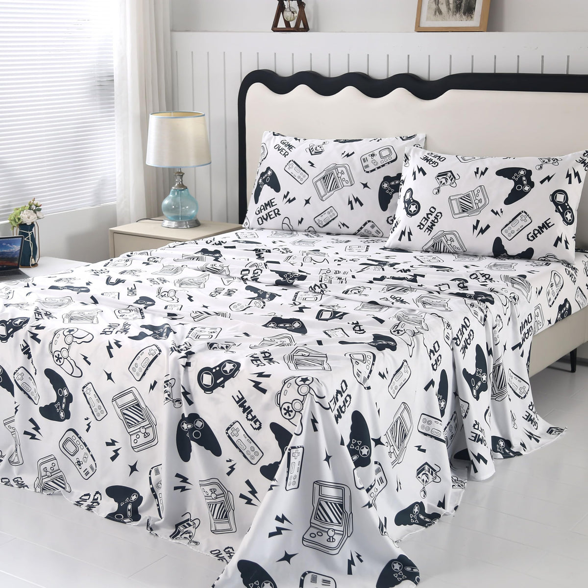 Sdiii 4Pcs Black And White Gamer Bedding Sheet Sets For Boys Girls Teens And Kids, Bed In A Bag Sheet Set Queen Size, Video Game