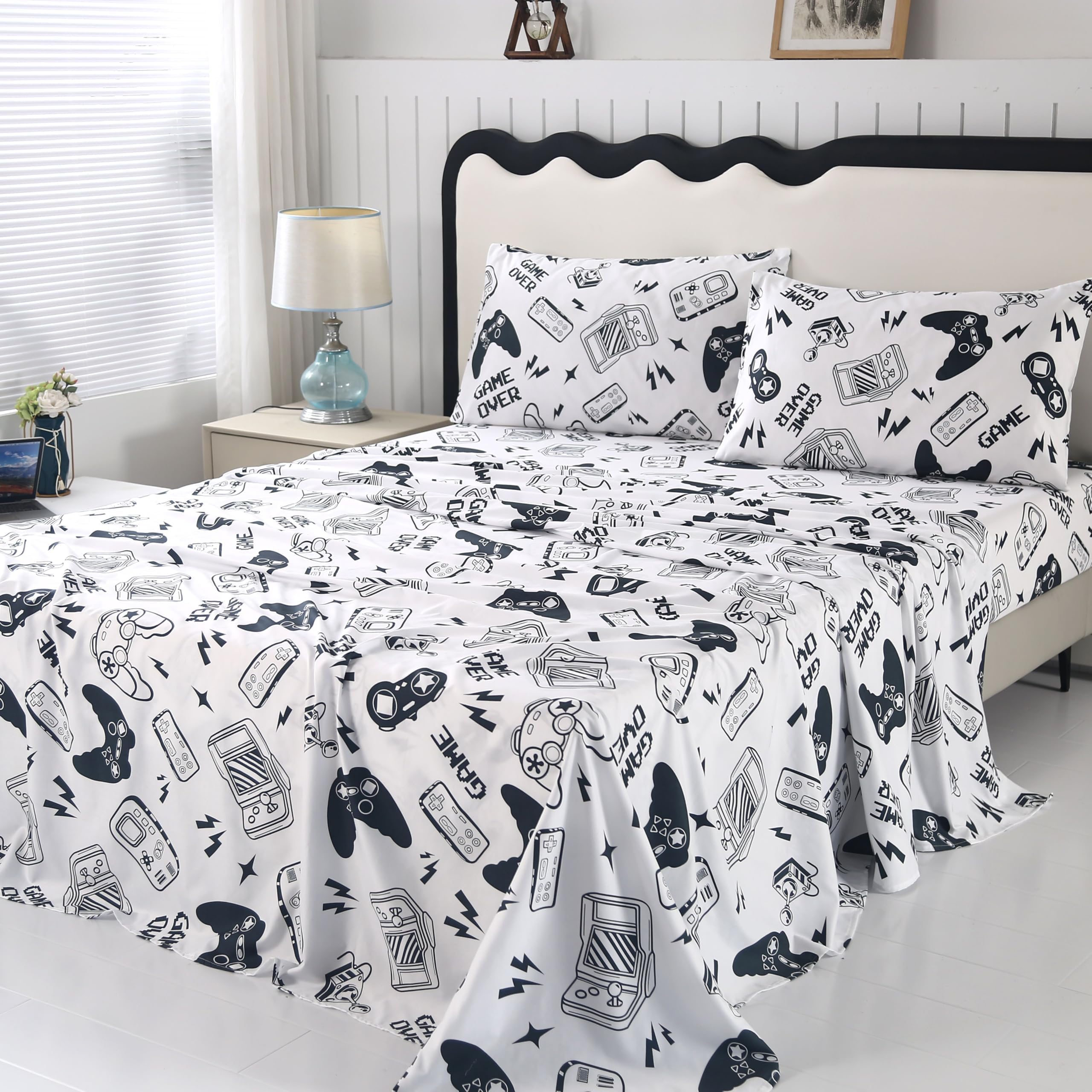 Sdiii 4Pcs Black And White Gamer Bedding Sheet Sets For Boys Girls Teens And Kids, Bed In A Bag Sheet Set Queen Size, Video Game