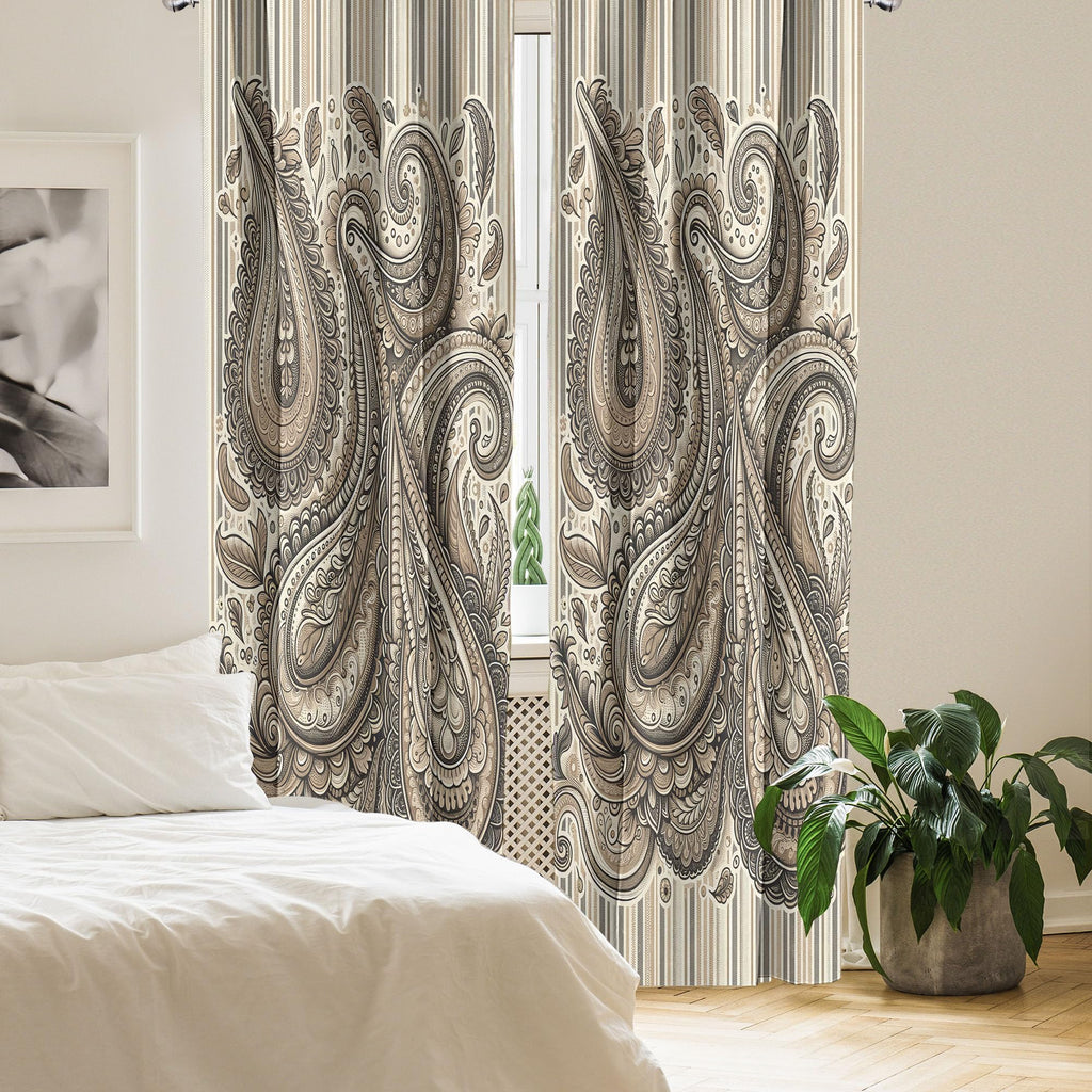 Ambesonne Paisley Window Curtains Pack Of 2, Delicate Bohemian Leafy Motives On Stripes In Neutral Muted Colors, Lightweight Set