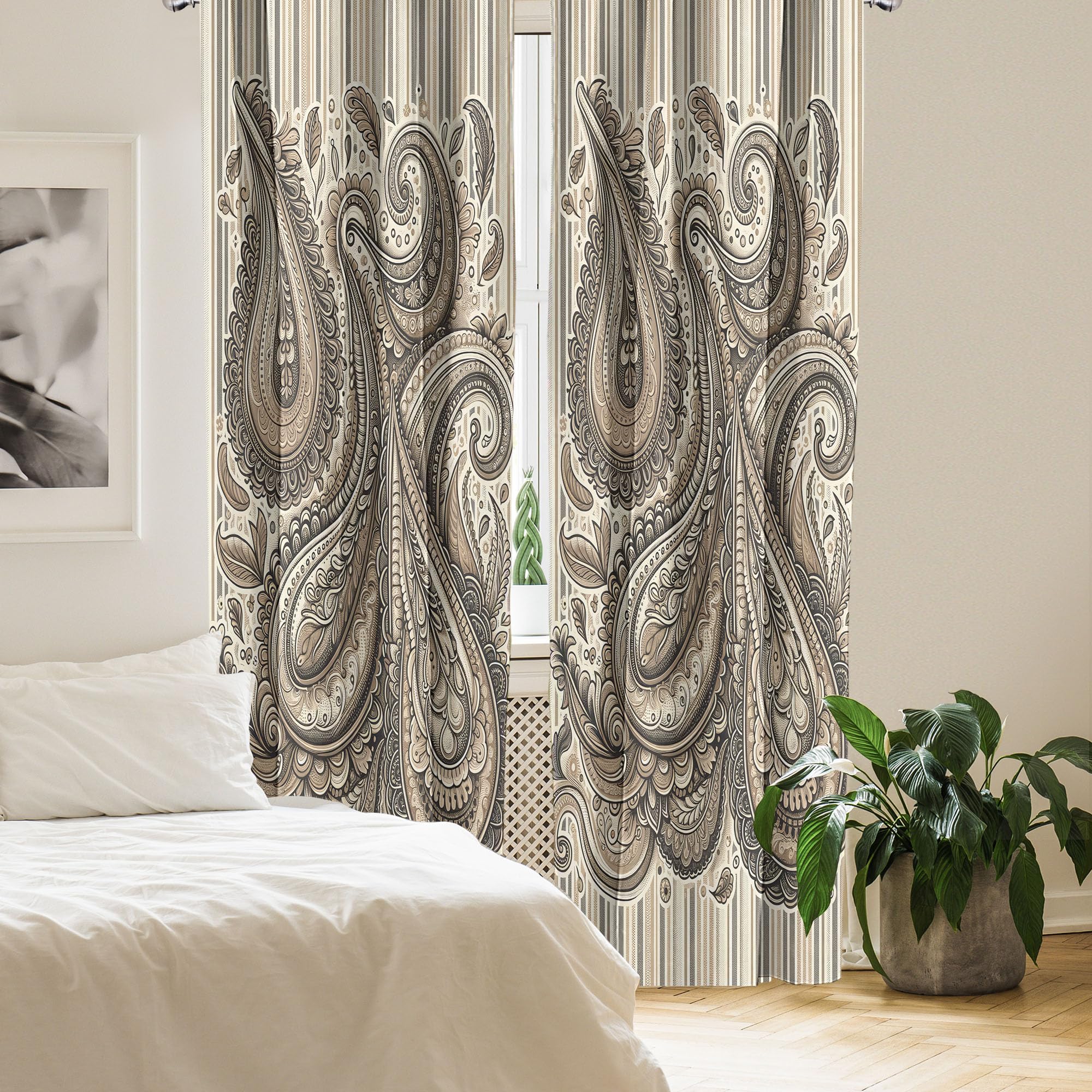Ambesonne Paisley Window Curtains Pack Of 2, Delicate Bohemian Leafy Motives On Stripes In Neutral Muted Colors, Lightweight Set