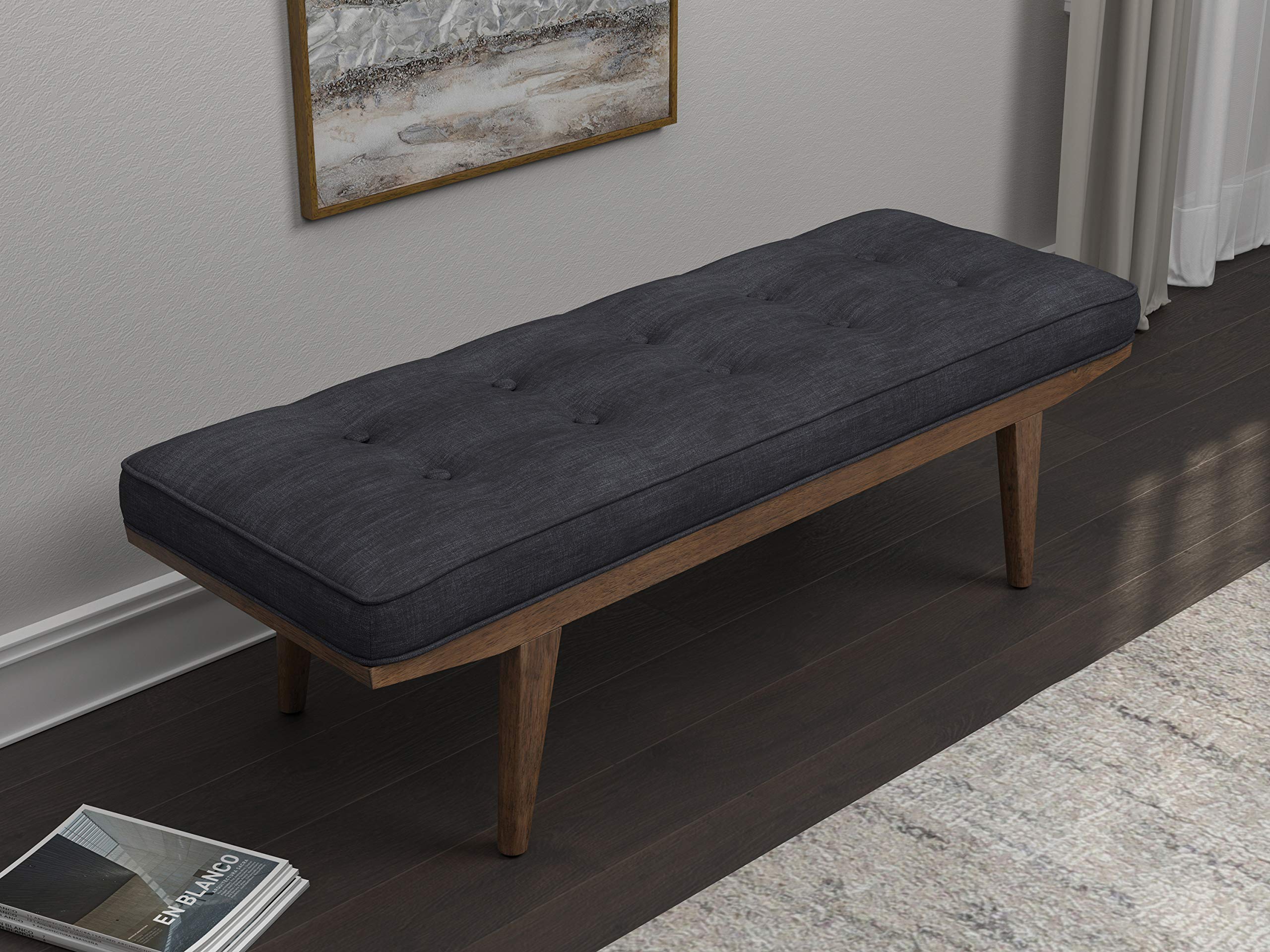 Coaster Furniture Mid Century Modern Solid Wood Entryway Accent Bench Upholstered Tufted Seat Cushion Gray Fabric Oak Finish 910213