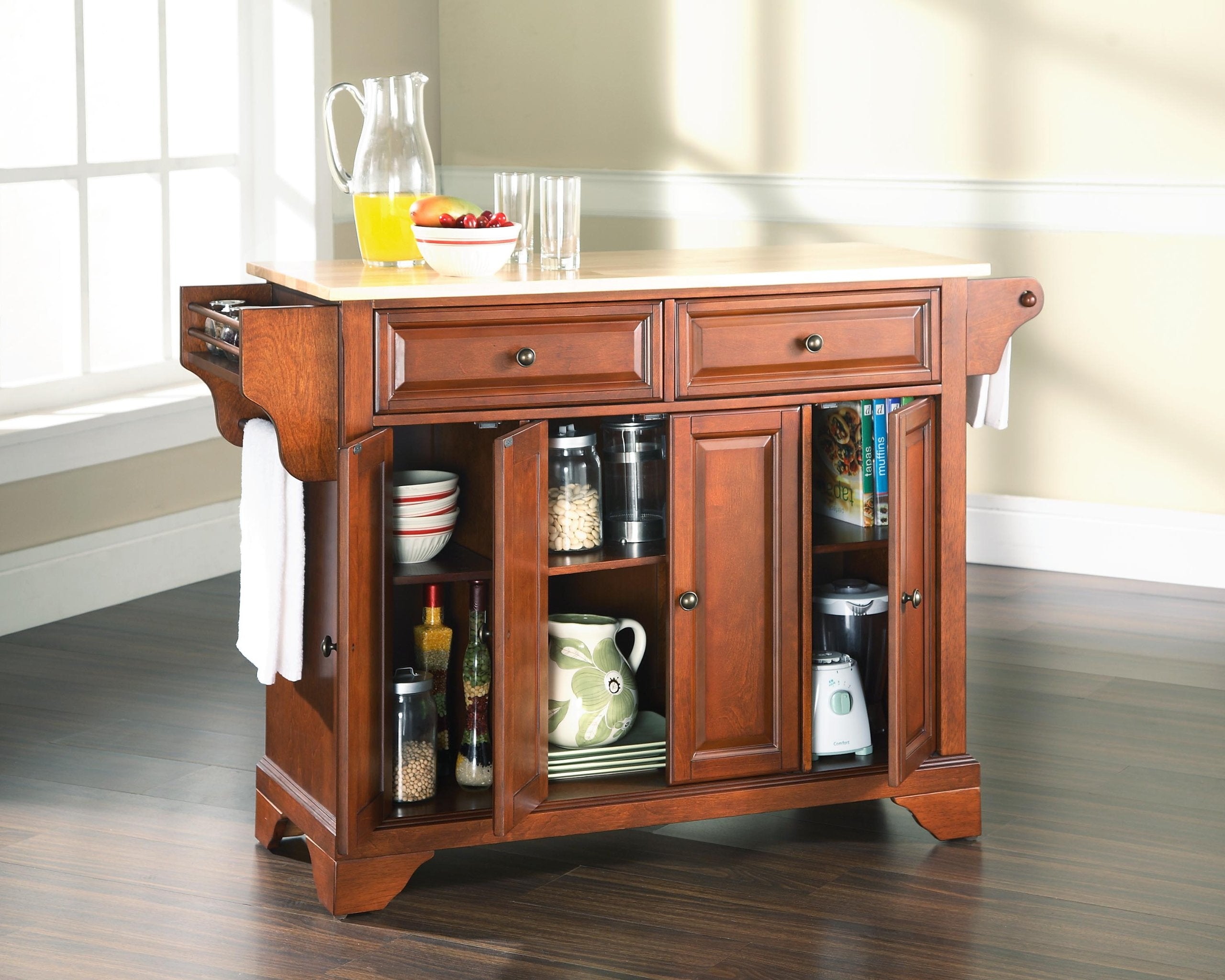 Crosley Furniture Lafayette Wood Top Rolling Kitchen Island Storage Cart, Microwave Stand, Spice Rack, Cherry