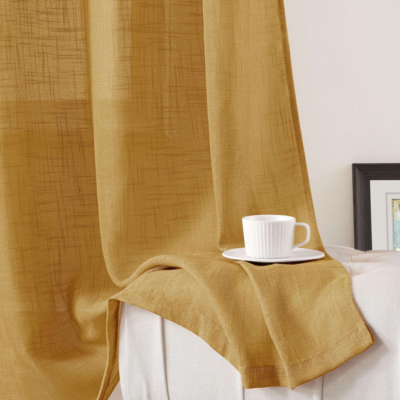 Homeideas Yellow Linen Sheer Curtains 108 Inches Long 2 Panels Textured Semi Sheer Curtains Farmhouse Curtains Sheer Privacy Win