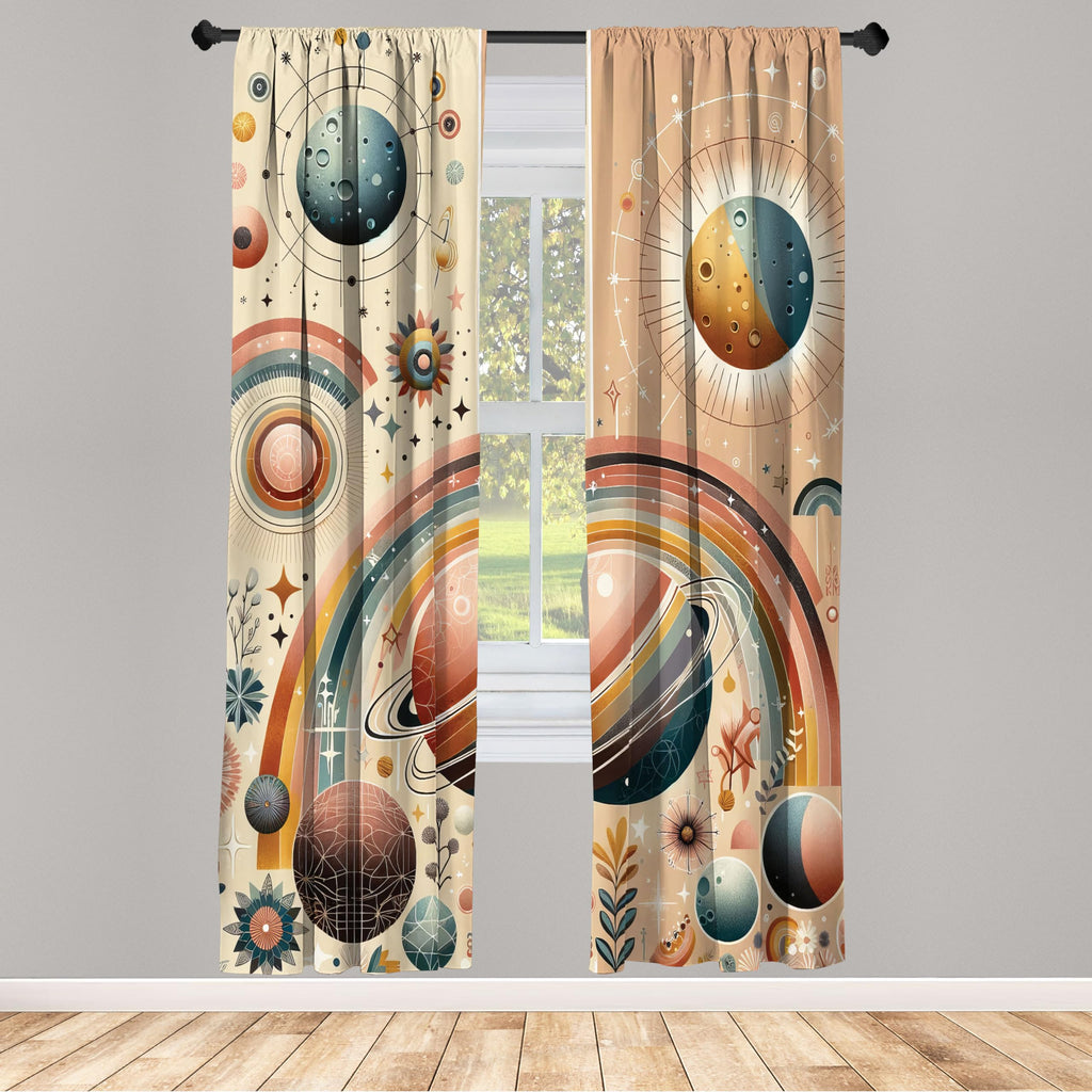Ambesonne Planets Window Curtains, Modern Scandi Themed Leafy Rainbows Starry Atmosphere And Globes Artwork, Lightweight Decorat