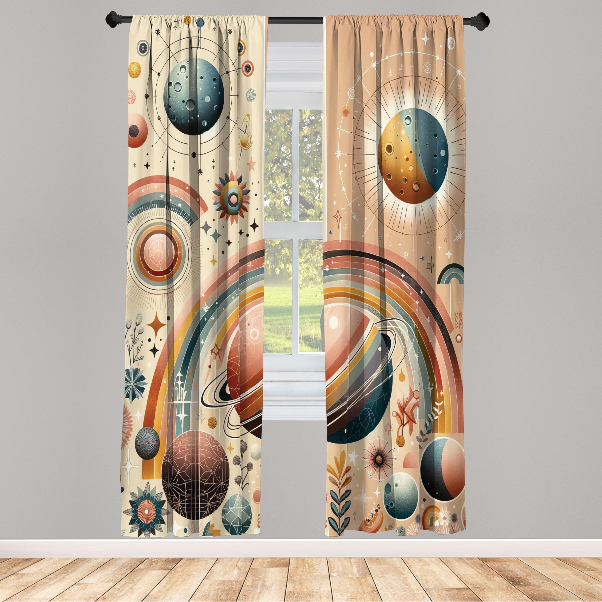 Ambesonne Planets Window Curtains, Modern Scandi Themed Leafy Rainbows Starry Atmosphere And Globes Artwork, Lightweight Decorat