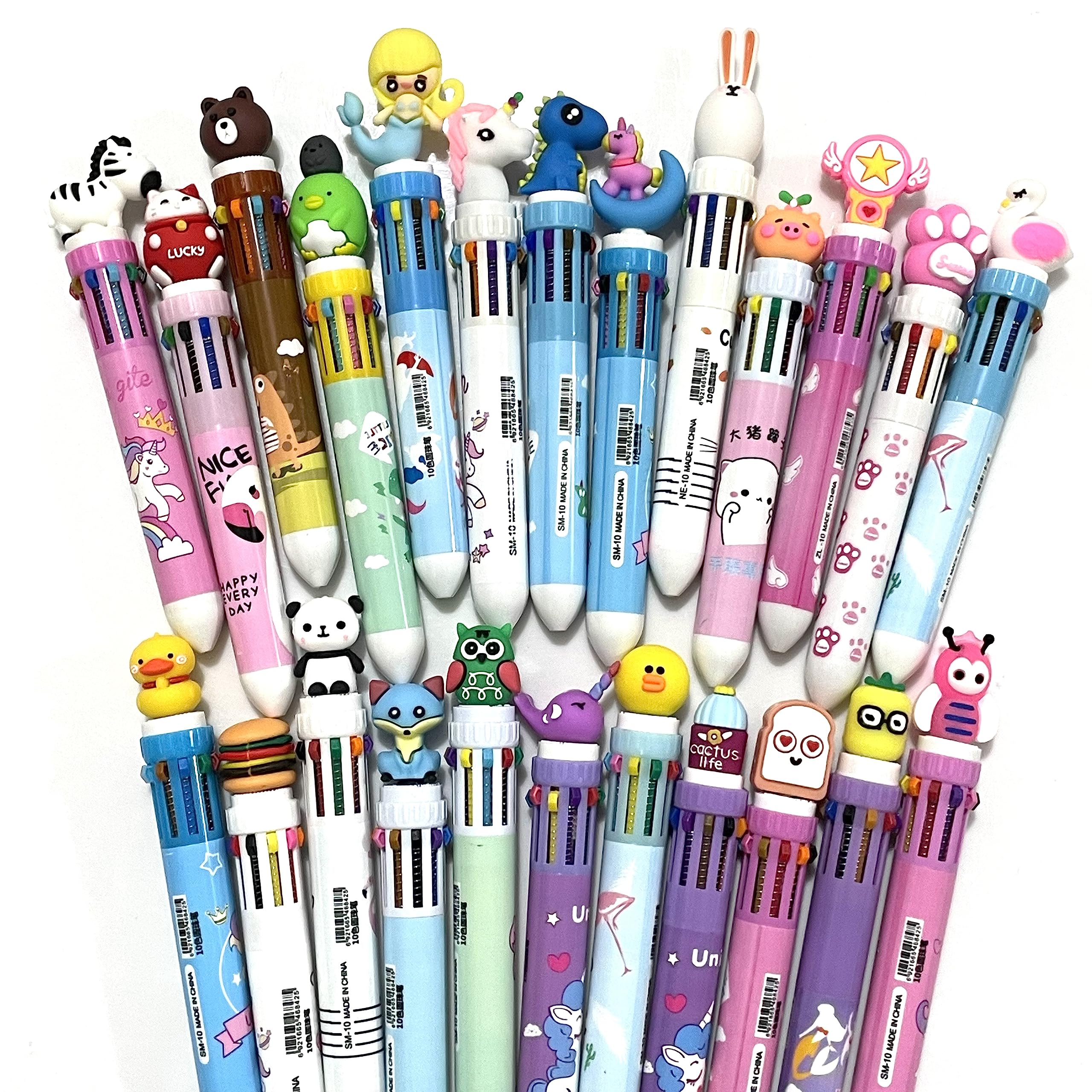 Sencoo 24 Pieces Multicolor Ballpoint Pens 10-In-1 0.5Mm Retractable Ballpoint Cartoon Pens Bear Cat Dinosaur Flamingo Unicorn P