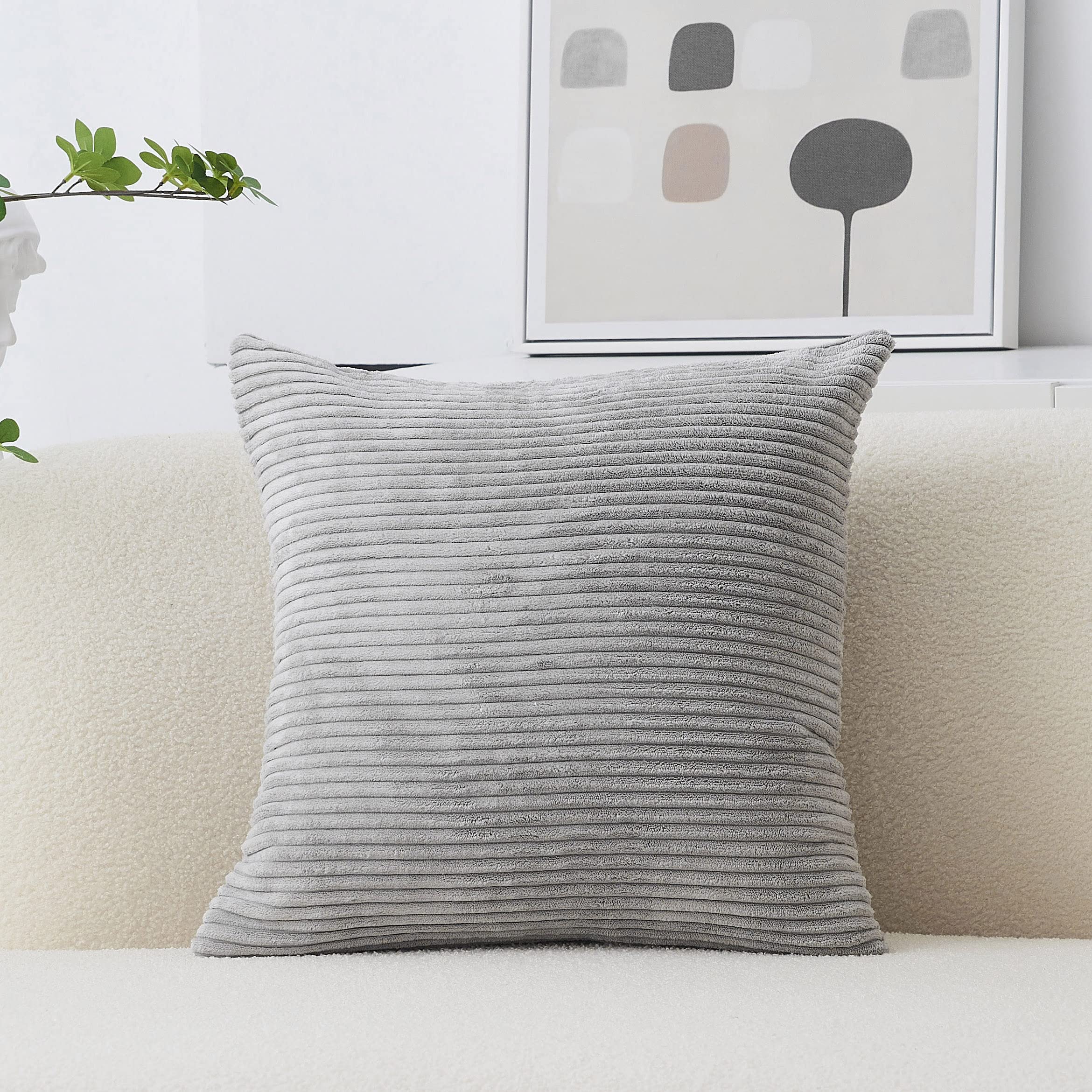 Home Brilliant Throw Pillow Cover 20X20 Soft Plush Striped Pillow Cover Neutral Grey Corduroy Pillow Case For Chair Living Room