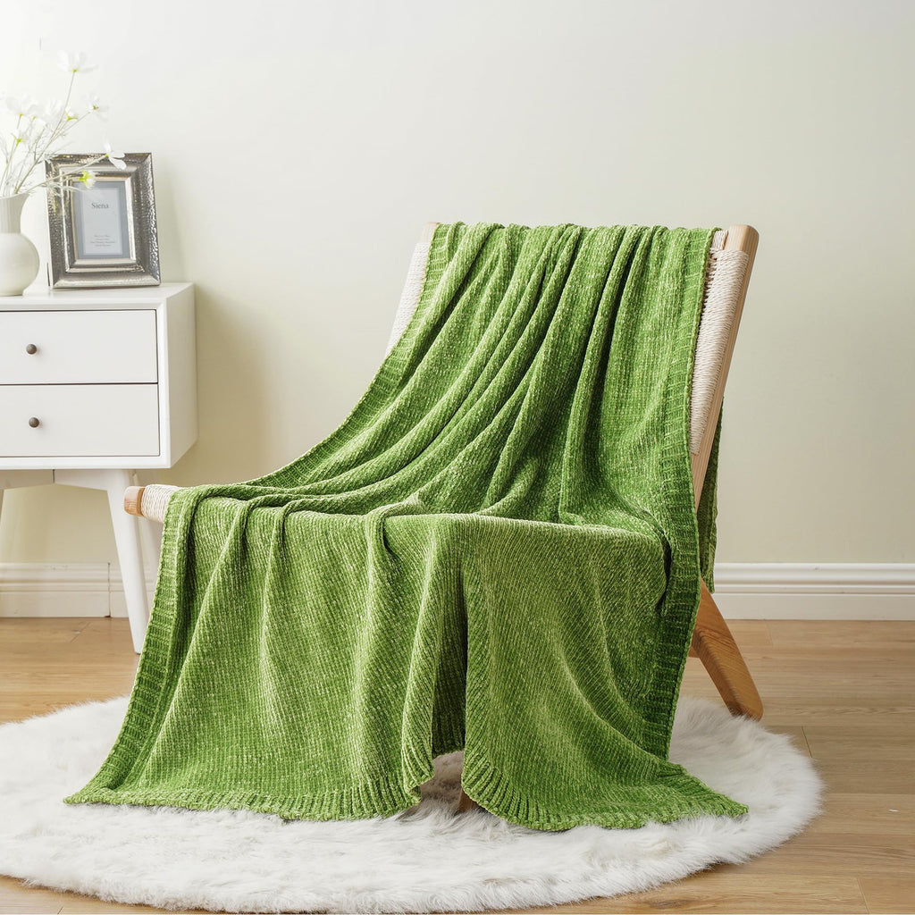 Battilo Home Chenille Knitted Throw Blanket For Couch, Spring Summer Green Throw Blanket For Home Decor, Decorative Cozy Soft Mo