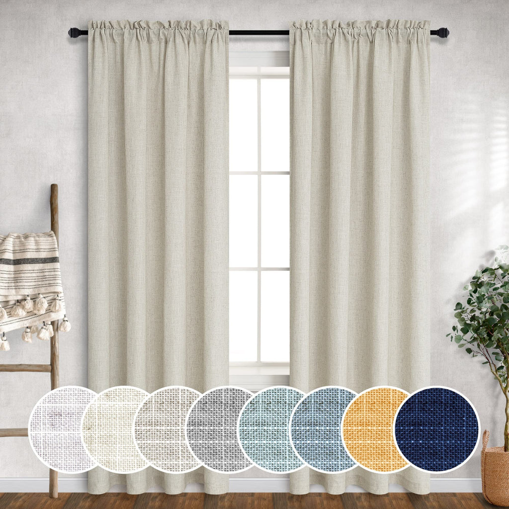 Mrs.Naturall Flax Linen Curtains 5 Ft Width By 84 Inches Long For Bedroom Light Filtering Large Drape Extra Wide Beige Curtain For Living Room Dining Hall 2 Panel Pole Rod Pocket 5 X 7 5X7 Feet Length