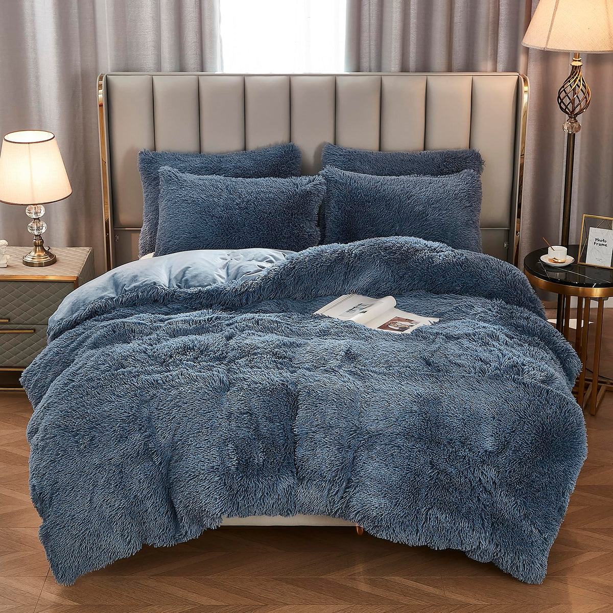 Werdim Shaggy Fluffy Faux Fur Duvet Cover Set Button Closure Velvety Bedding Set Comforter Cover With Pillowcases Dusty Blue, Tw