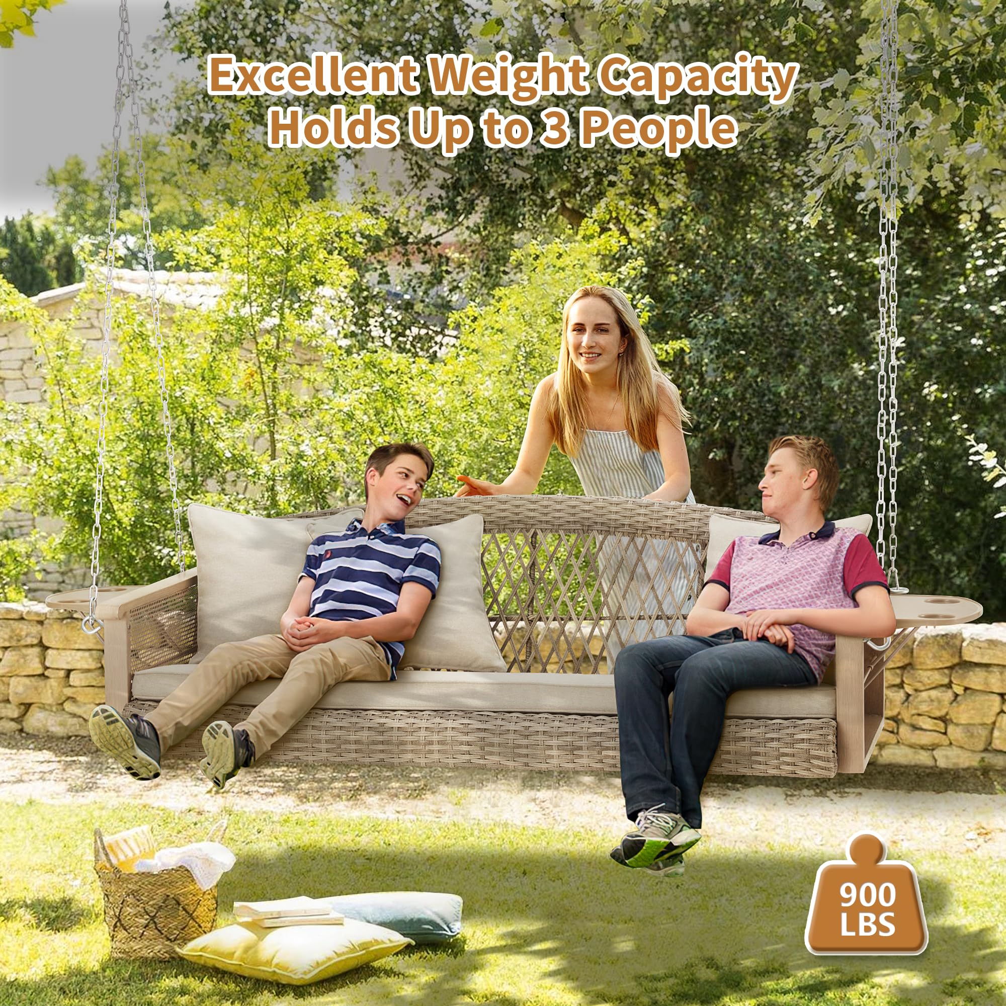 Homrest 3-Person Wicker Porch Swing With Upgraded Cup Holder, 55 Inch Patio Hanging Swing Bench Chair With Cushions 900Lbs Capacity Chains For Deck Garden Backyard (Beige)