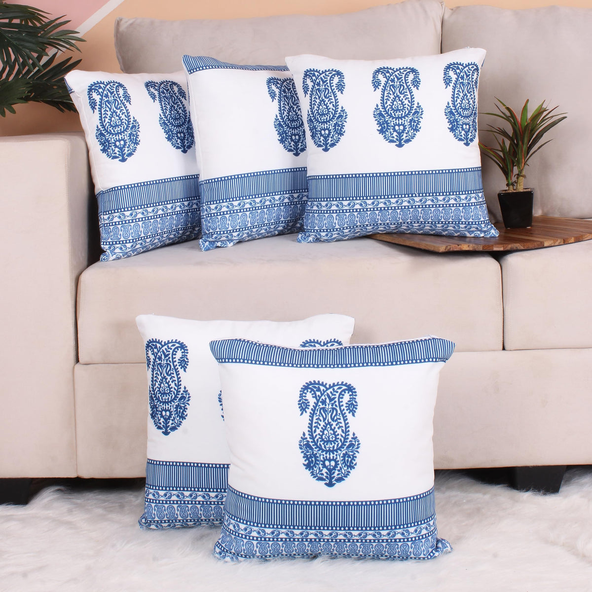 Amazon Brand  Umi Printed Jute Cushion Cover, Set Of 5 (PaisleyBlue, 16 X 16 Inches)