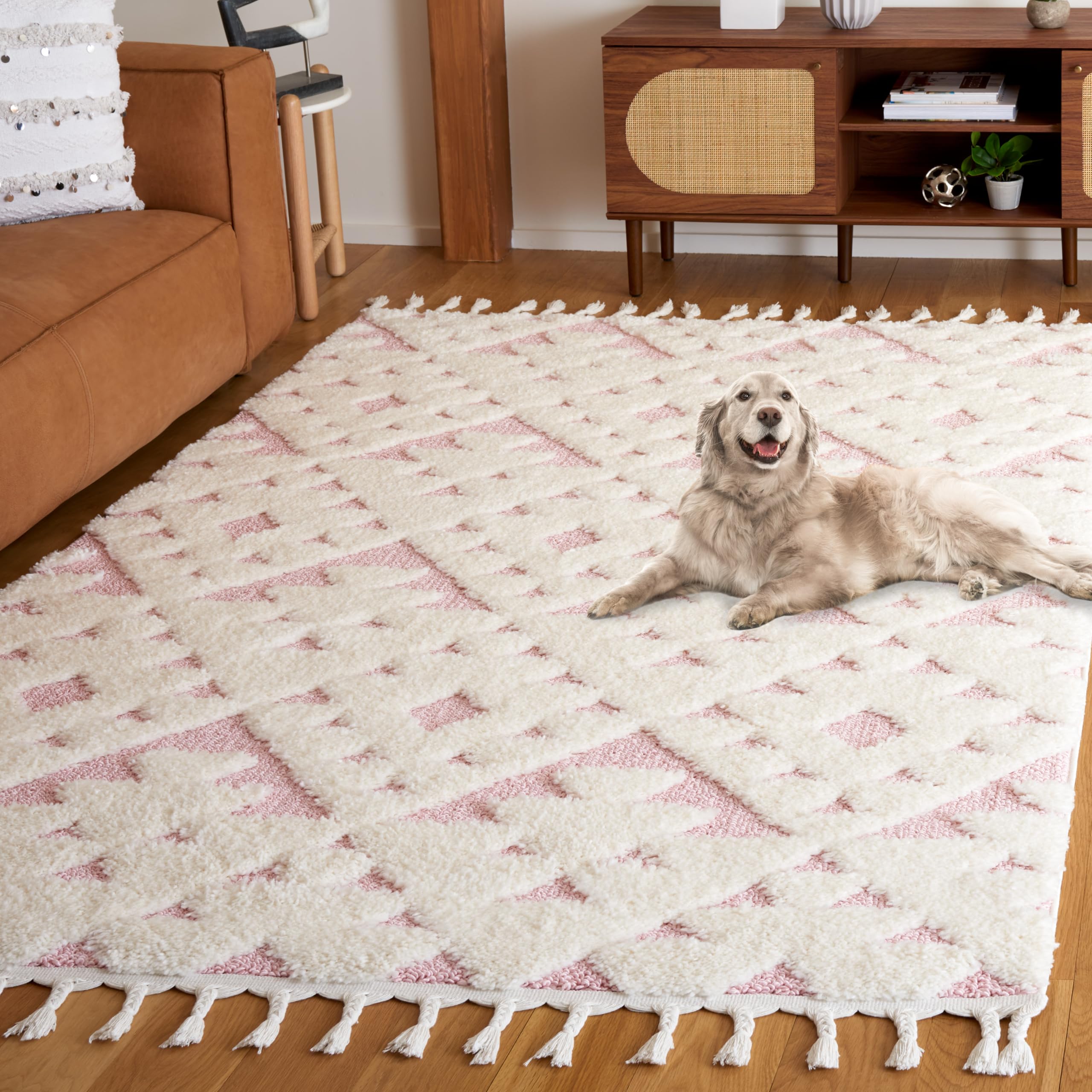 Safavieh Moroccan Tassel Shag Collection Area Rug - 9 x 12, Ivory & Pink, Contemporary Design, Ideal for High Traffic Areas in