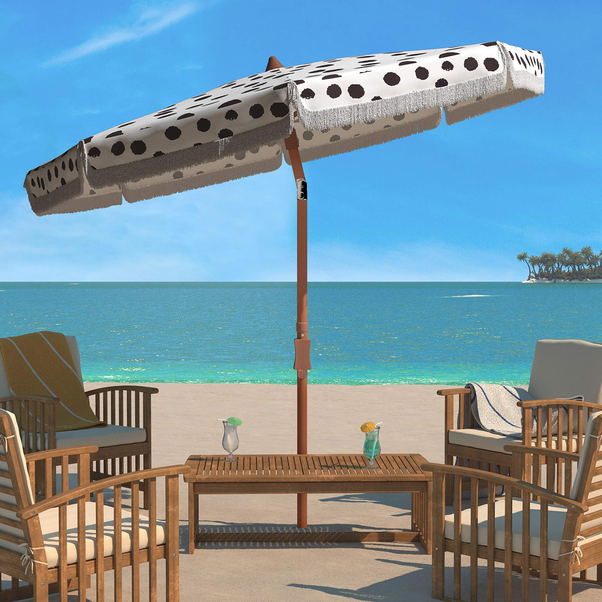 Safavieh Outdoor Collection Sydney White And Light Blue Polka Dot 6.5-Foot Fringe Tilt Beach Umbrella