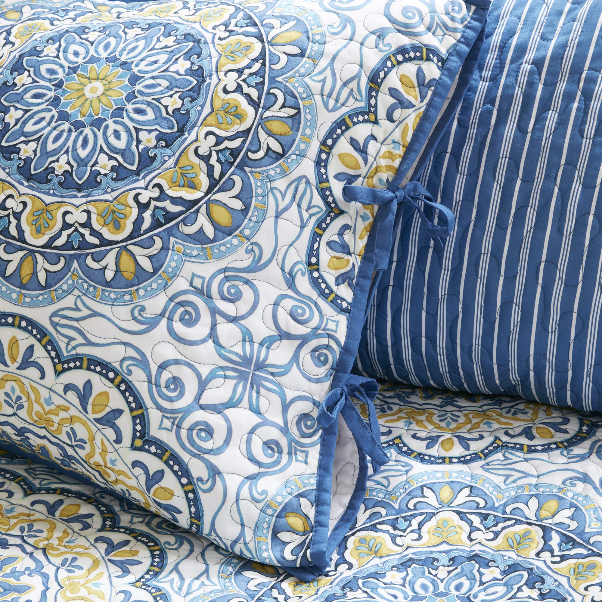 Madison Park Daybed Cover Set-Double Sided Quilting Casual Design All Season Bedding With Bedskirt, Matching Shams, Decorative Pillow, 75'X39', Medallion Blue 6 Piece