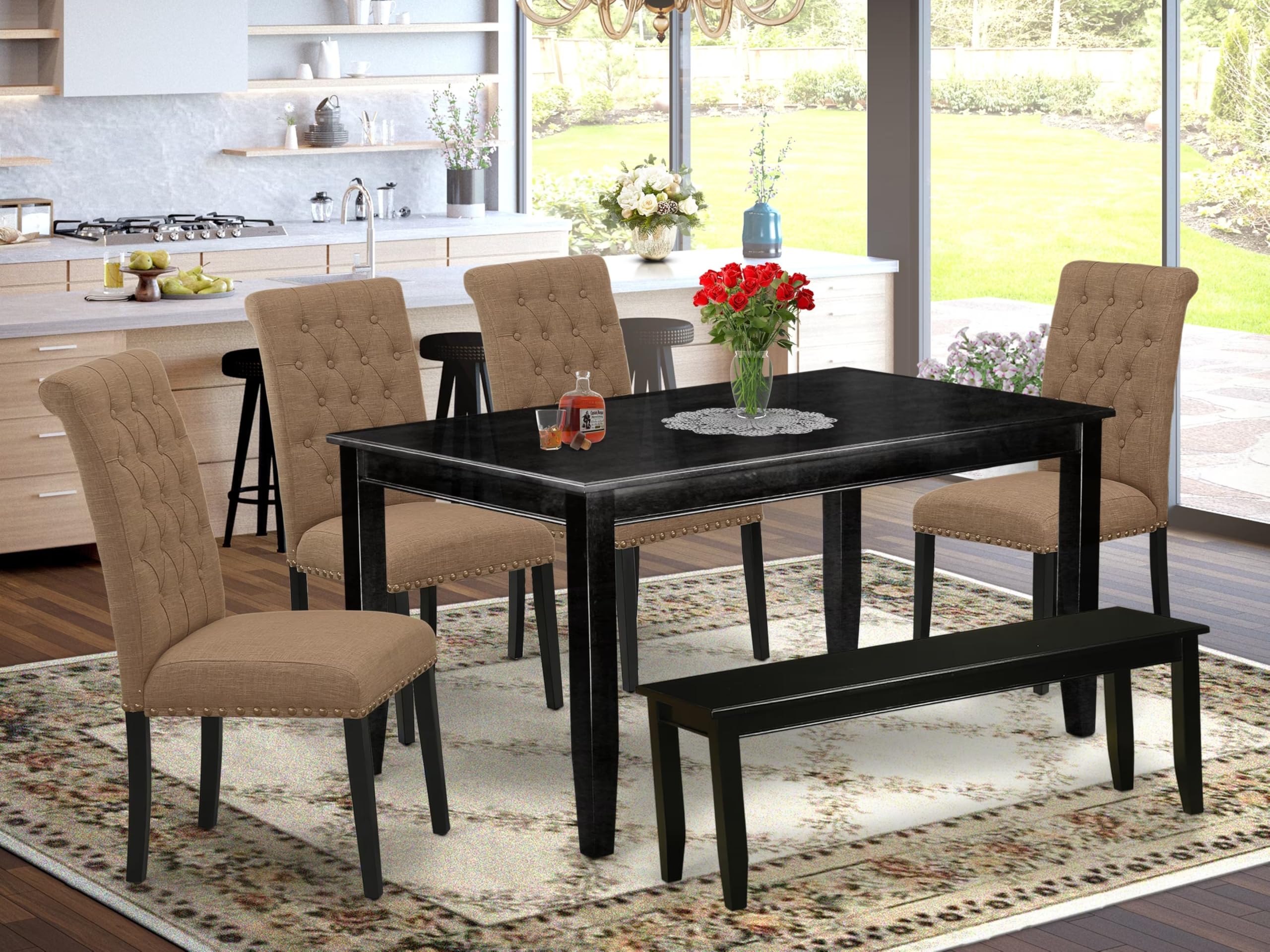 East West Furniture Dubr6-Blk-17 6 Piece Kitchen Table Set Contains A Rectangle Dining Table And 4 Light Sable Linen Fabric Parson Chairs With A Bench, 36X60 Inch, Black