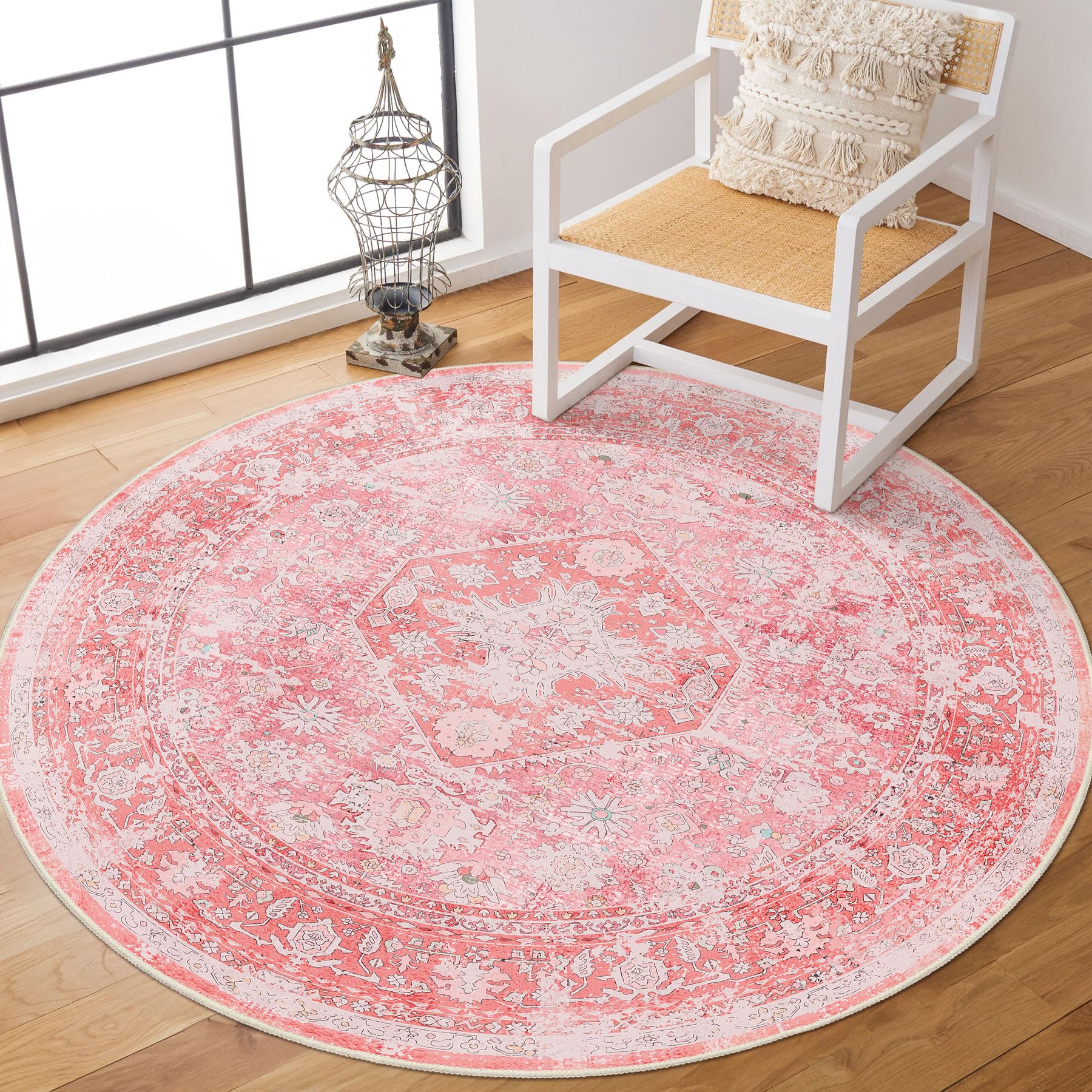 MUJOO Circle Rug 4ft,Pink Round Area Rug Washable,Girls Boho Circular Rugs for Bedroom Entryway Bathroom Living Room,Small Non S