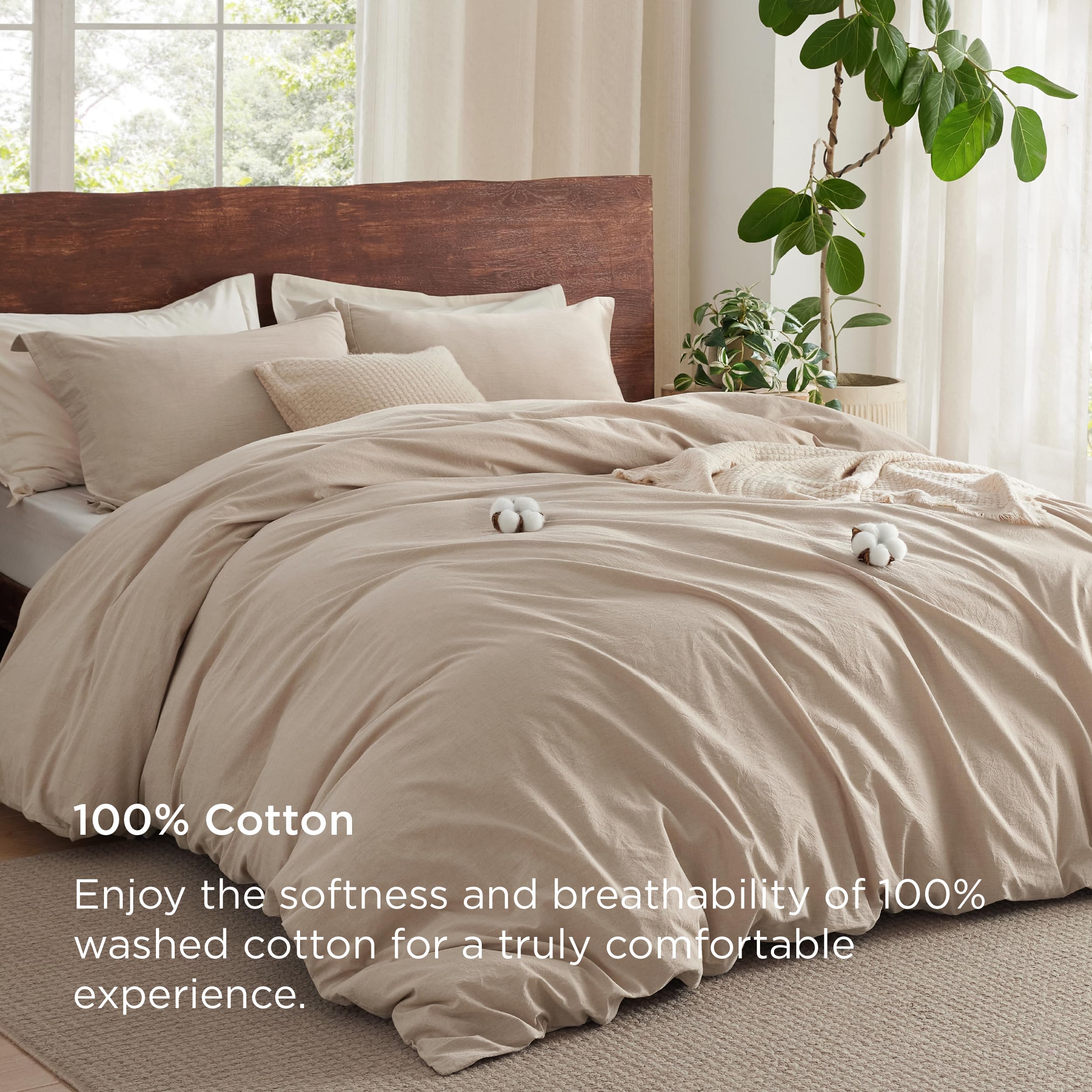 Bedsure 100% Washed Cotton Duvet Cover King Size - Warm Sand Minimalist Duvet Cover Linen Like - 3 Pieces Gentlesoft™ Plain Simple Cotton Bedding Set With 2 Pillow Shams (Warm Sand, King, 104'X90')
