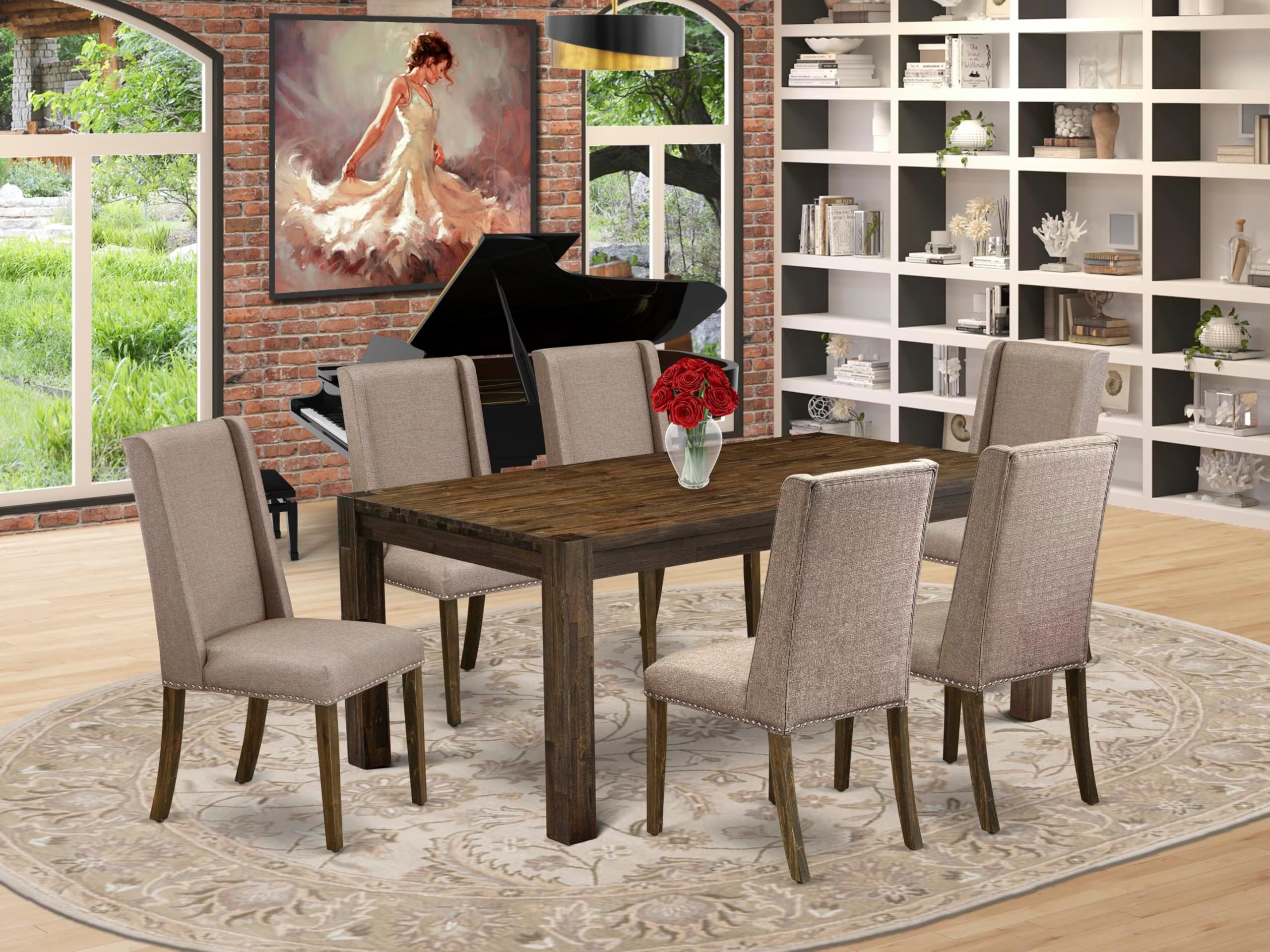 East West Furniture Lmfl7-77-16 7 Piece Kitchen Table Set Consist Of A Rectangle Rustic Wood Dining Table And 6 Dark Khaki Linen Fabric Parson Dining Chairs, 40X72 Inch, Jacobean