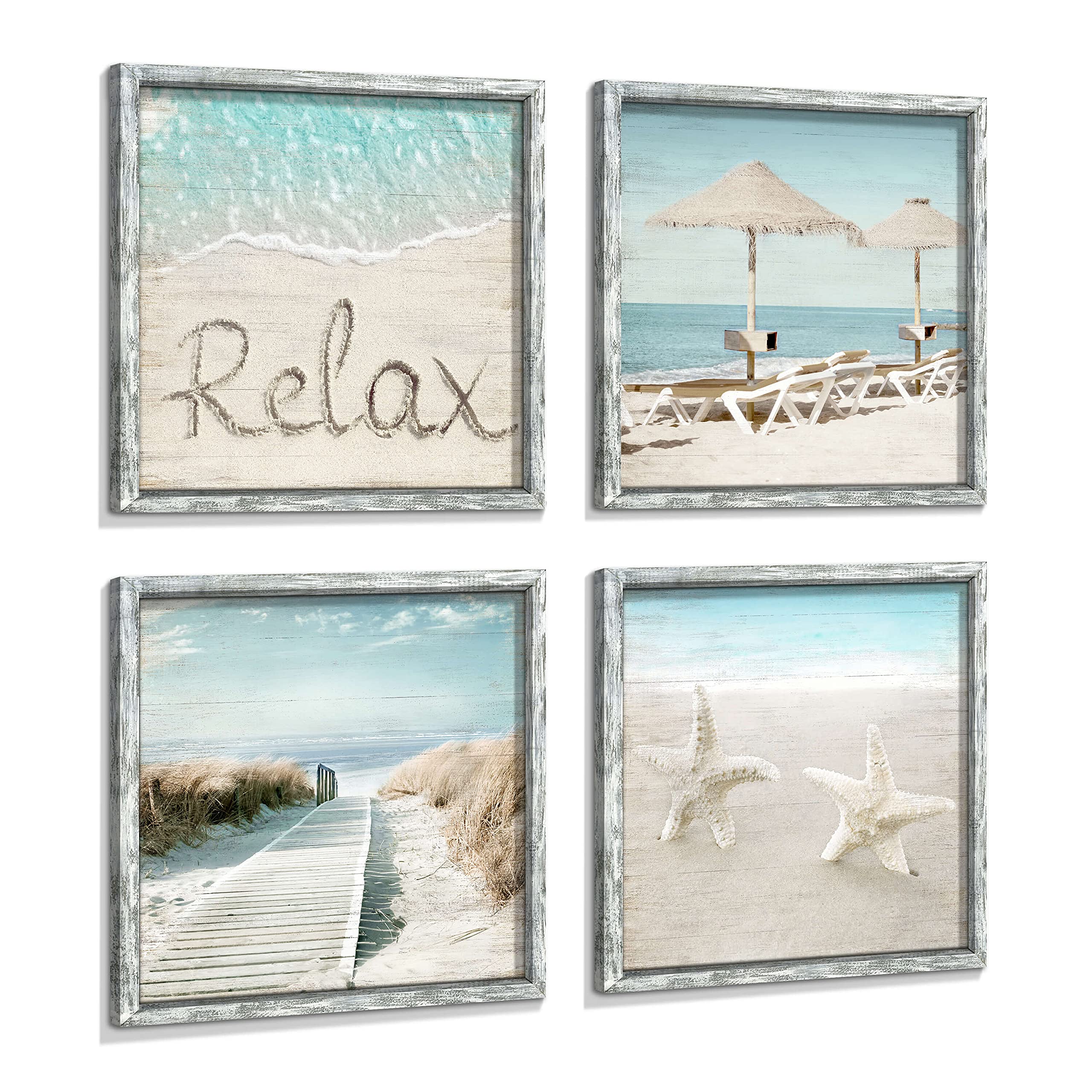 Coastal Framed Wood Wall Art: Beach Picture Seascape Artwork Seaside Prints Starfish Boardwalk Art Collection Wall Decor Set of 