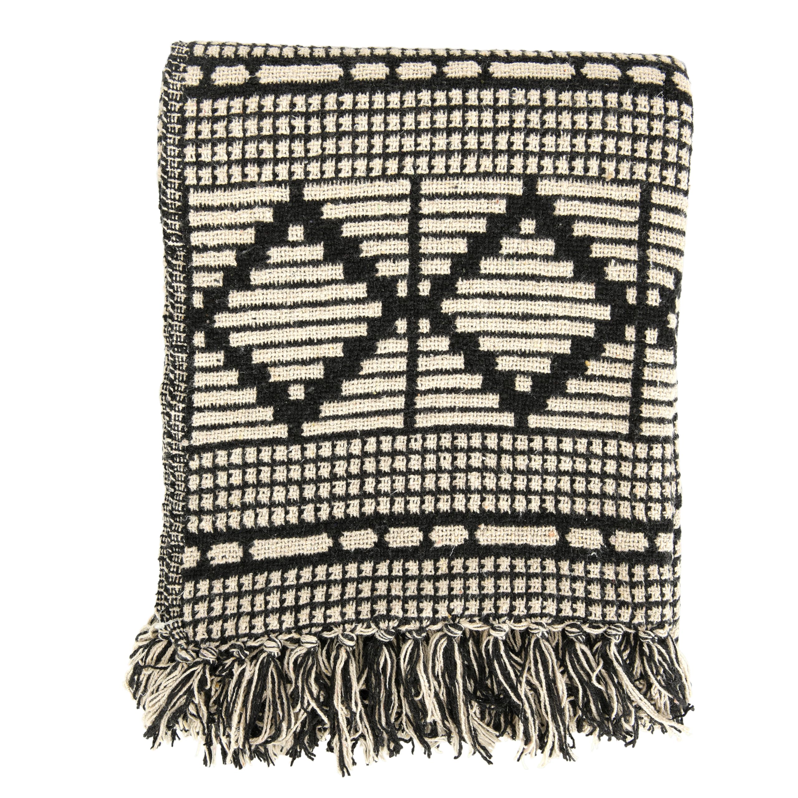 Bloomingville Black & Beige Woven Cotton Blend Blanket With Fringe Throw, One Size Fits