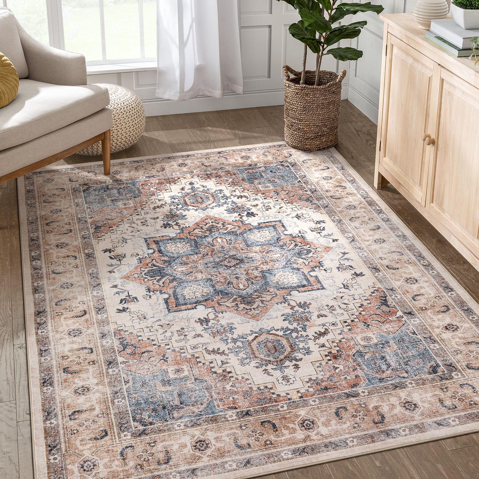Washable Rug 10x14 Area Rugs: Boho Vintage Distressed Oriental Medallion Neutral Thin Large Rug Carpet for Living Room Bedroom D